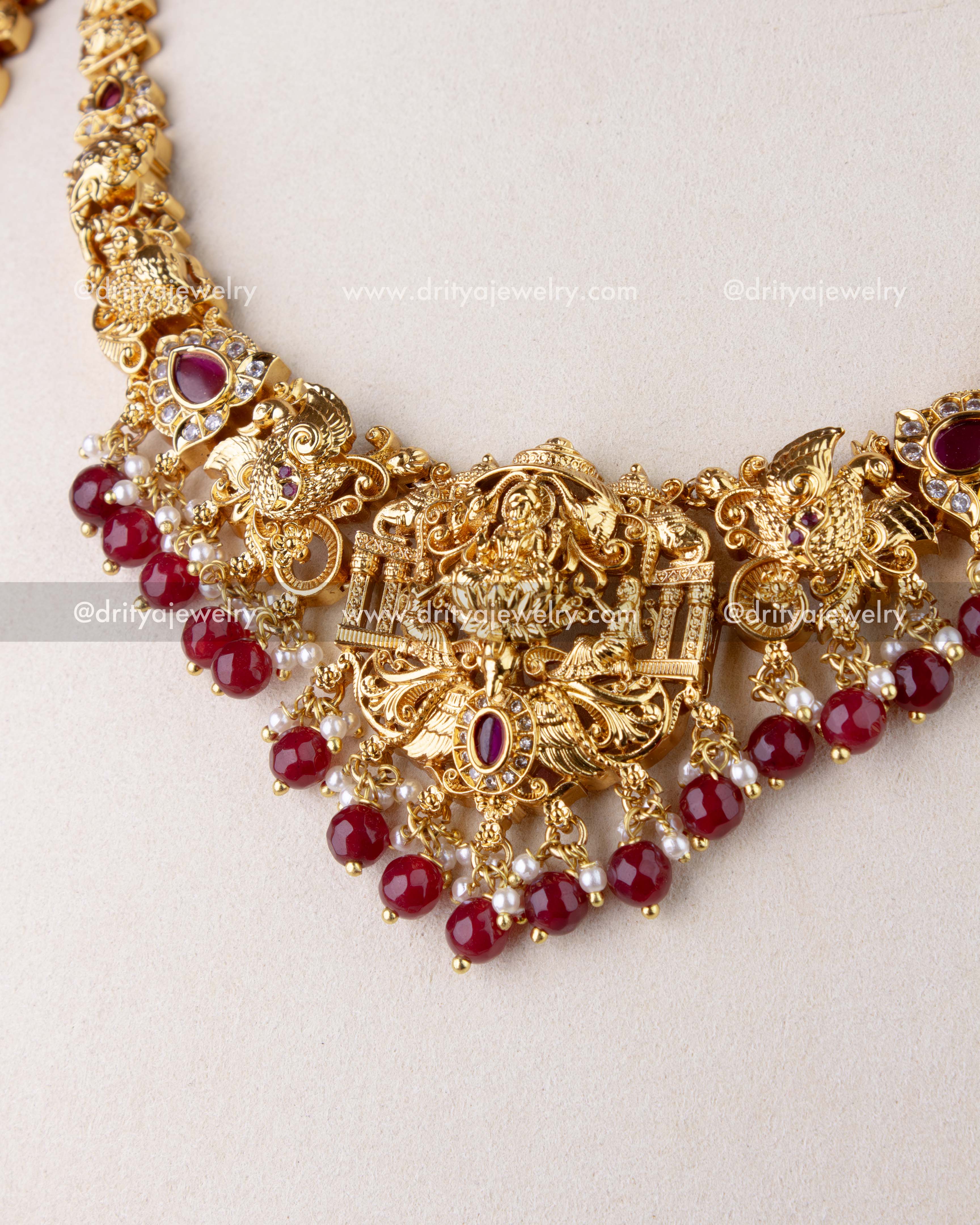 1270-R short necklace pendant close-up showing deity motif and layered bead fringe