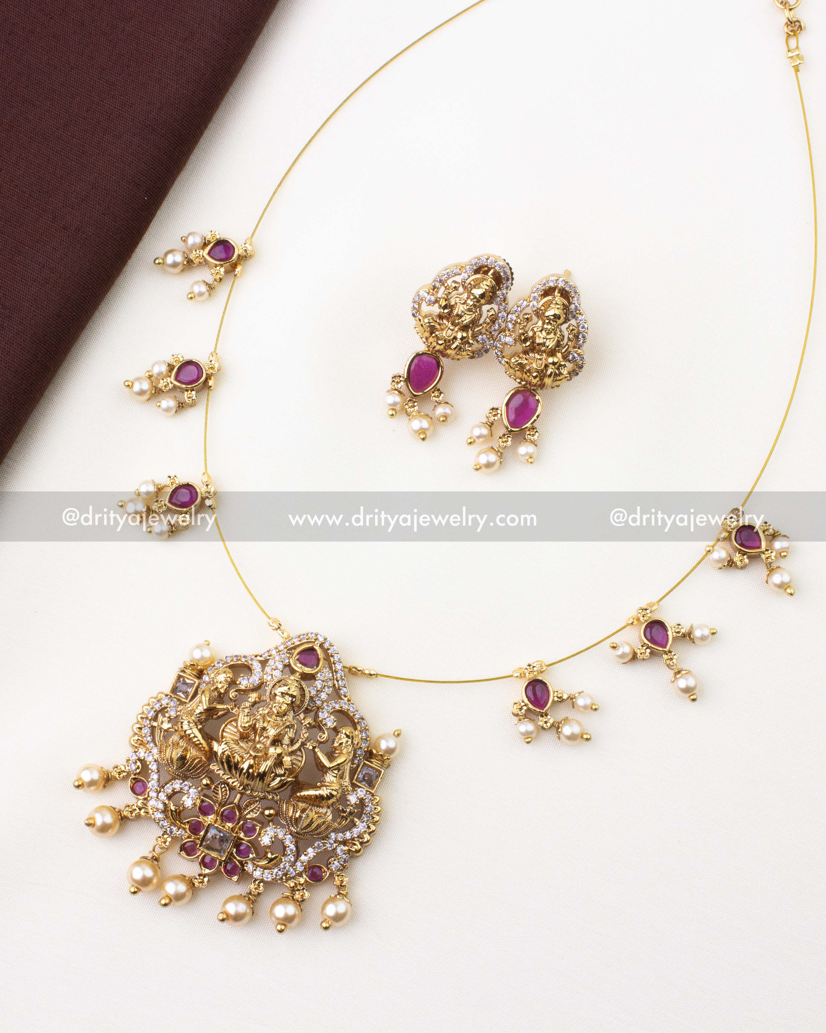 1216-R full Lakshmi temple necklace set with invisible chain and matching studs