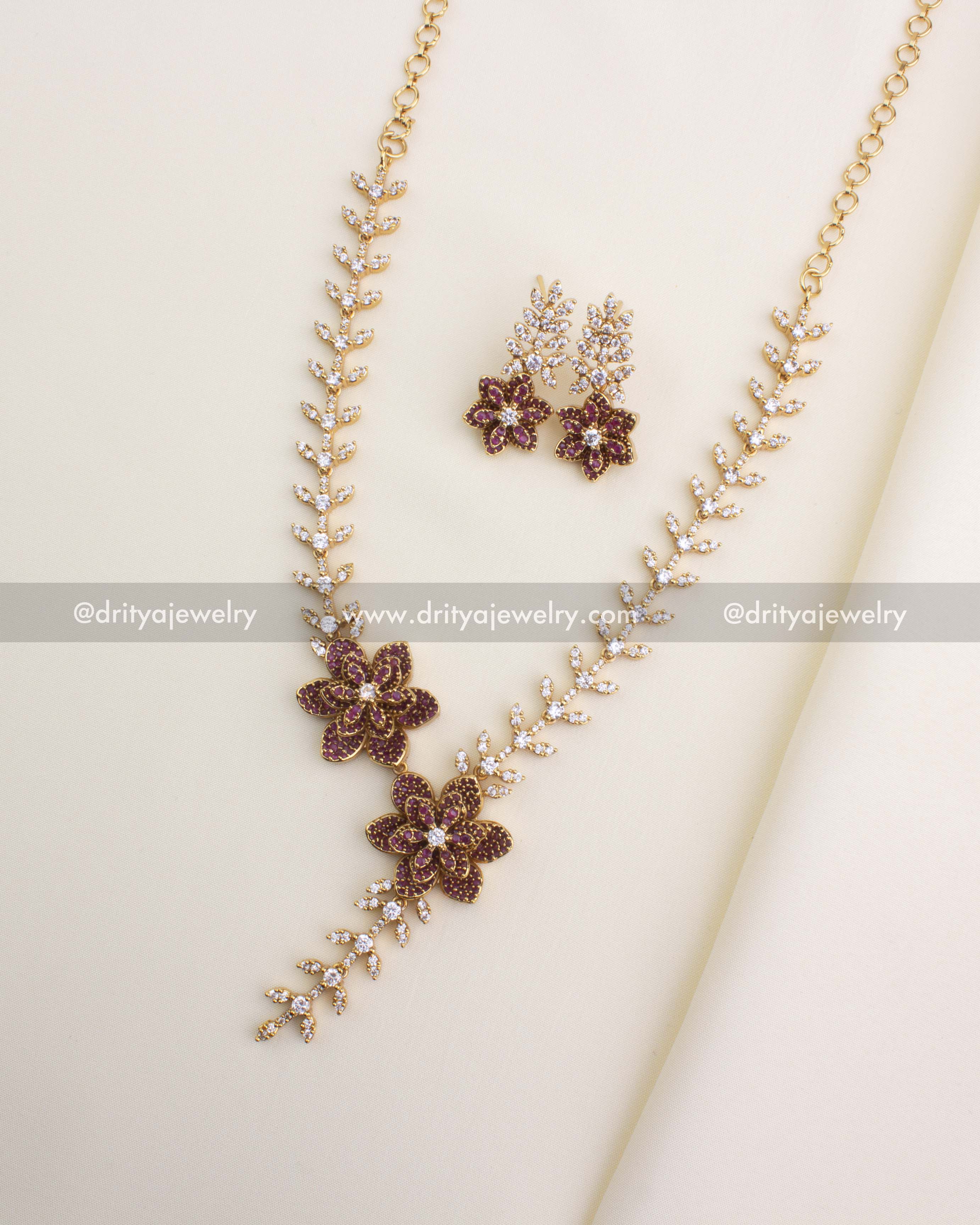 SKU 1113 - Necklace Set - Full front view of CZ floral short necklace with matching earrings