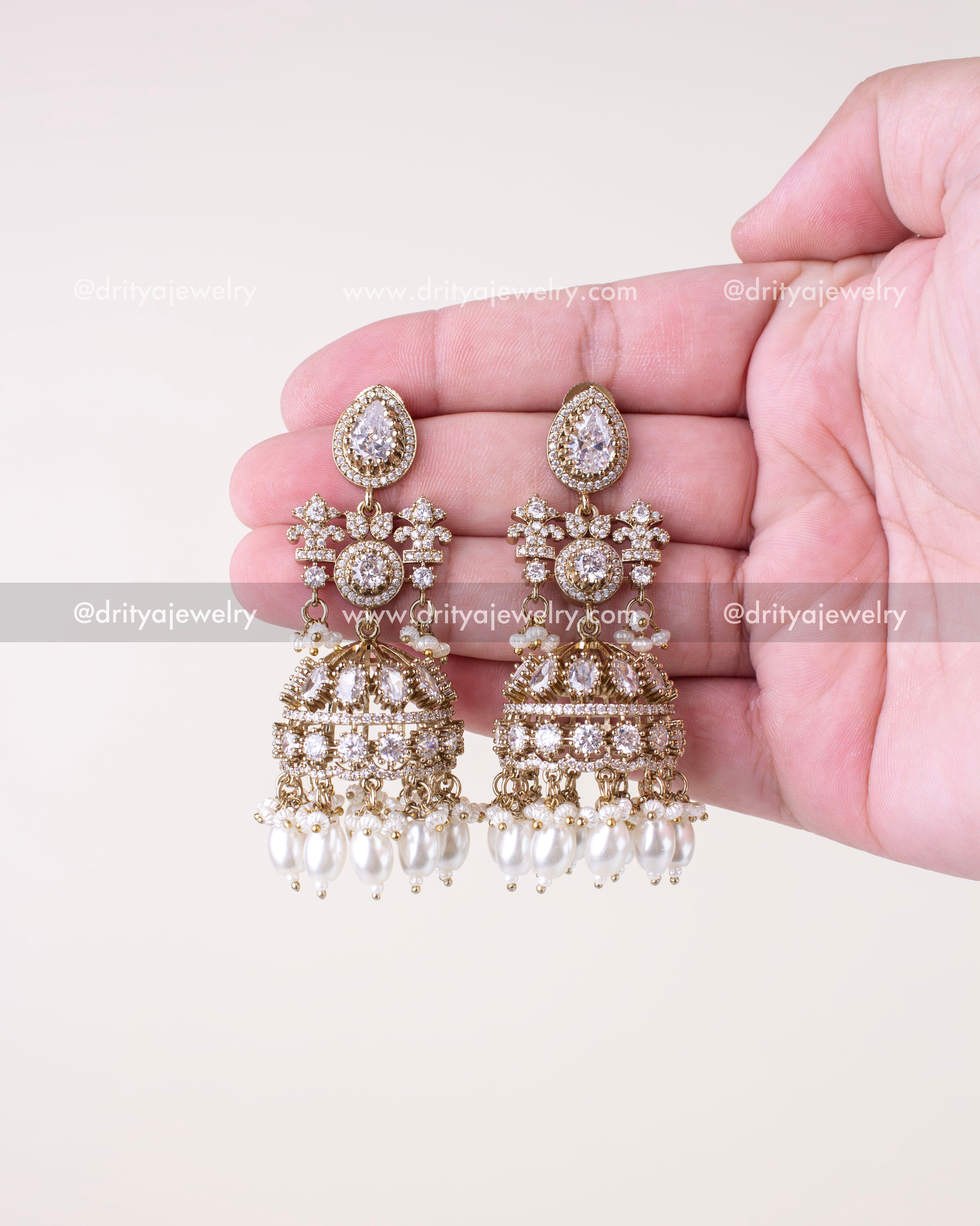 1257-W full view of Victorian CZ jhumka earrings showing layered domes and pearl drops