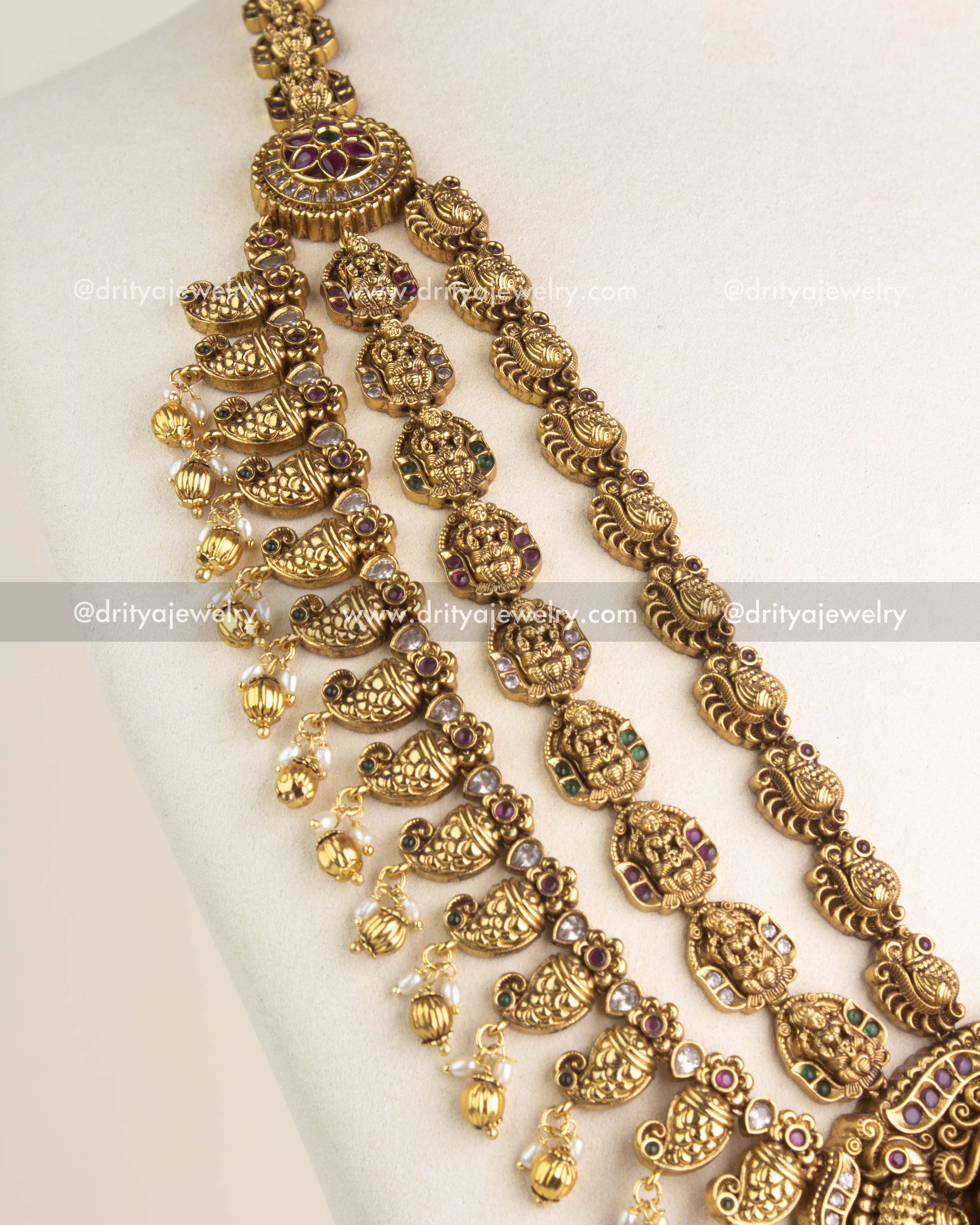 SKU 1162 Necklace Set angled view of layered haram links and dangling bead drops