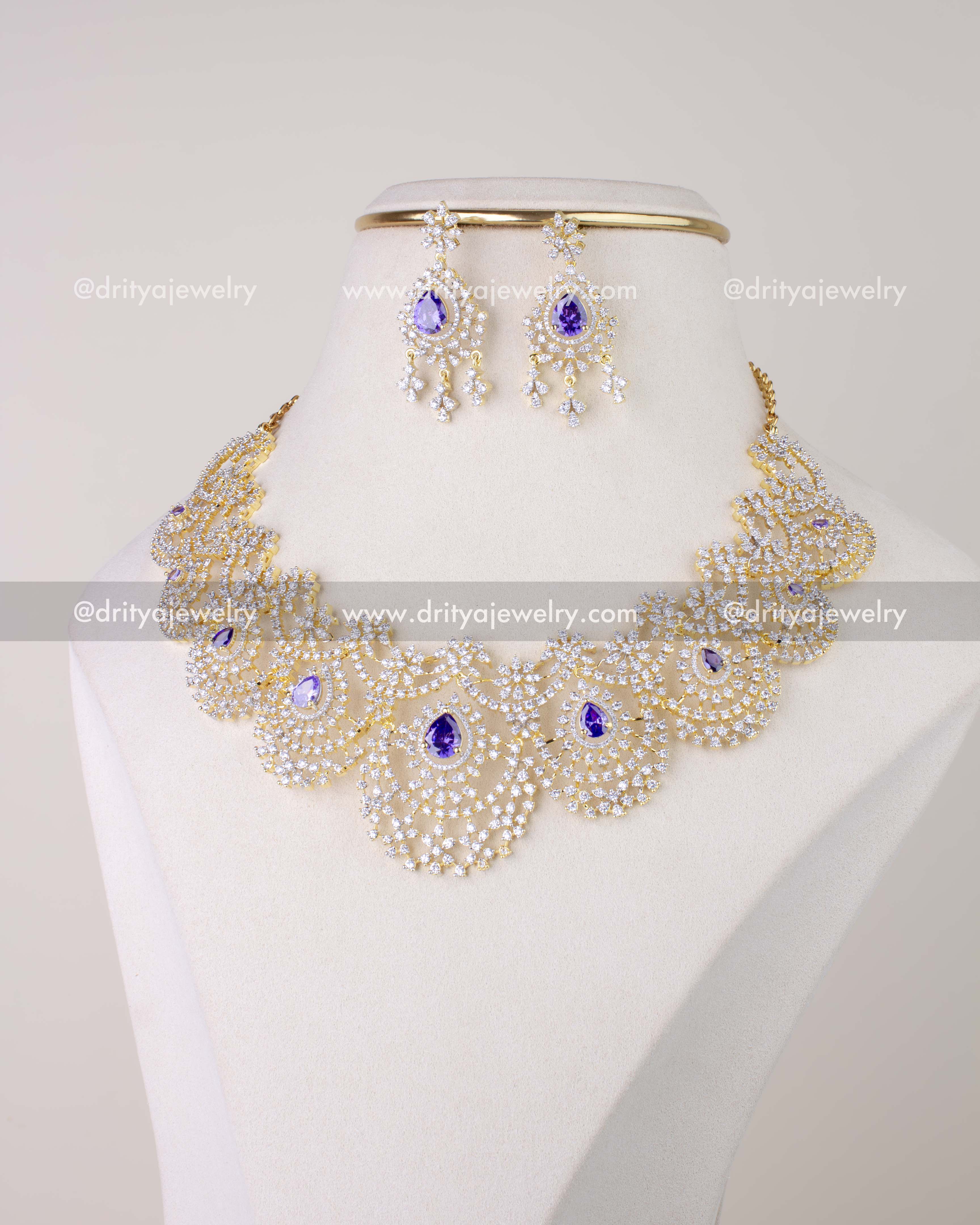 1278-PU premium purple CZ short necklace set with matching dangler earrings front view