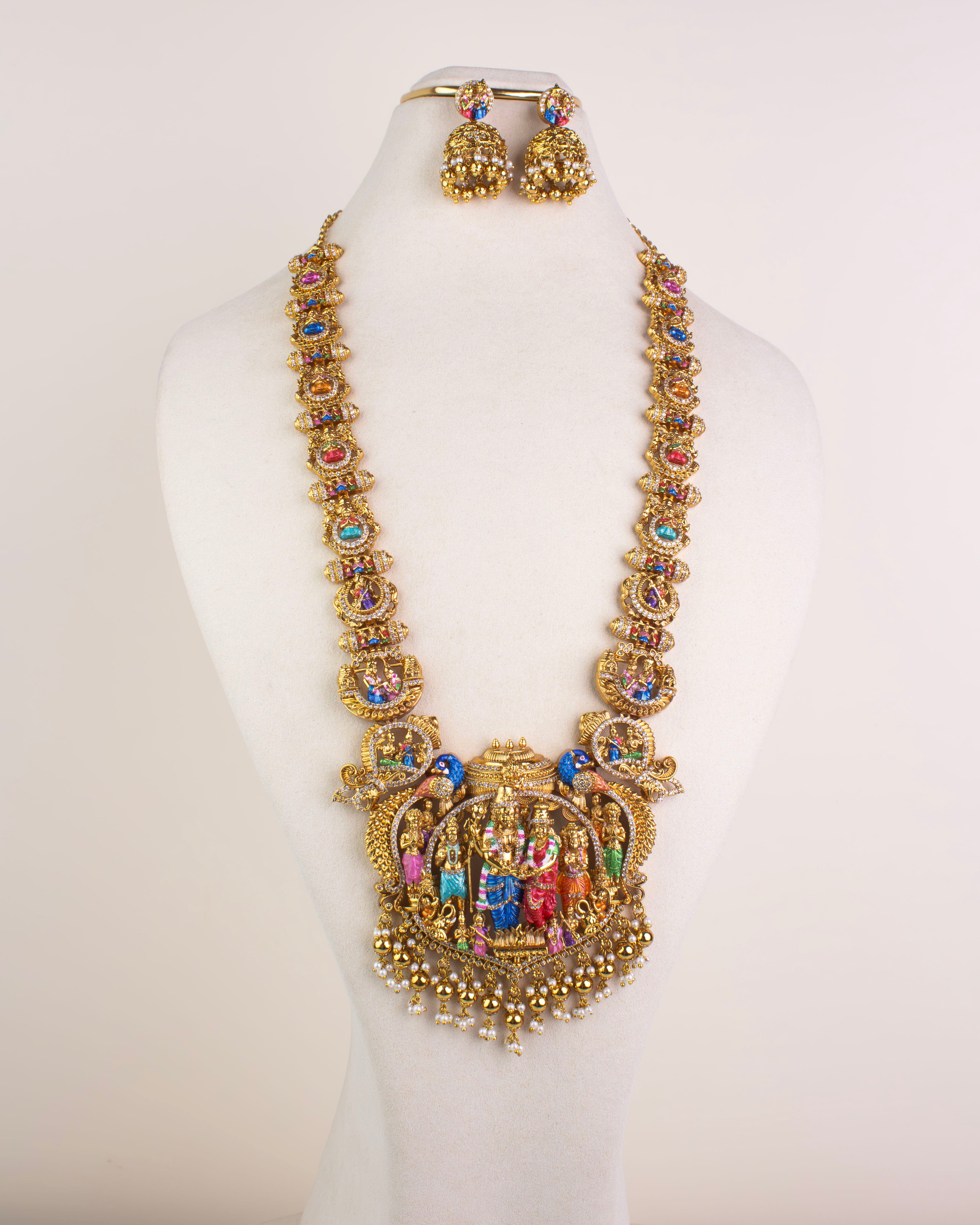SKU 1246 - Premium temple-style long necklace set with earrings full-length view
