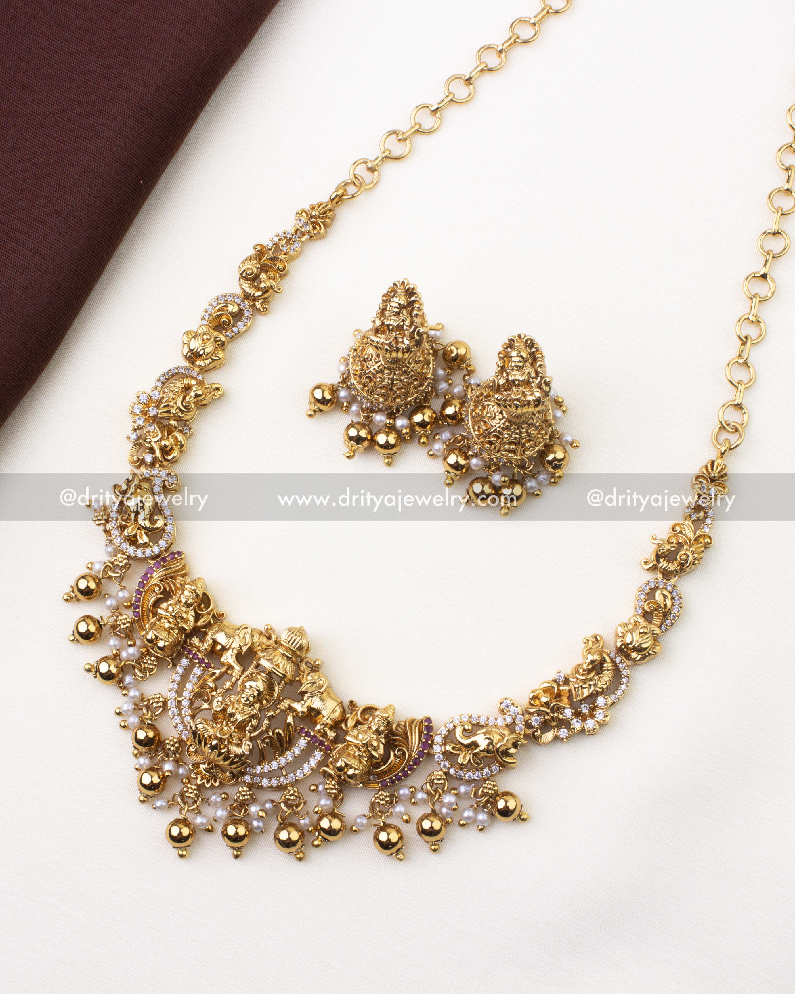 1101-W complete Lakshmi temple necklace set with matching jhumkas