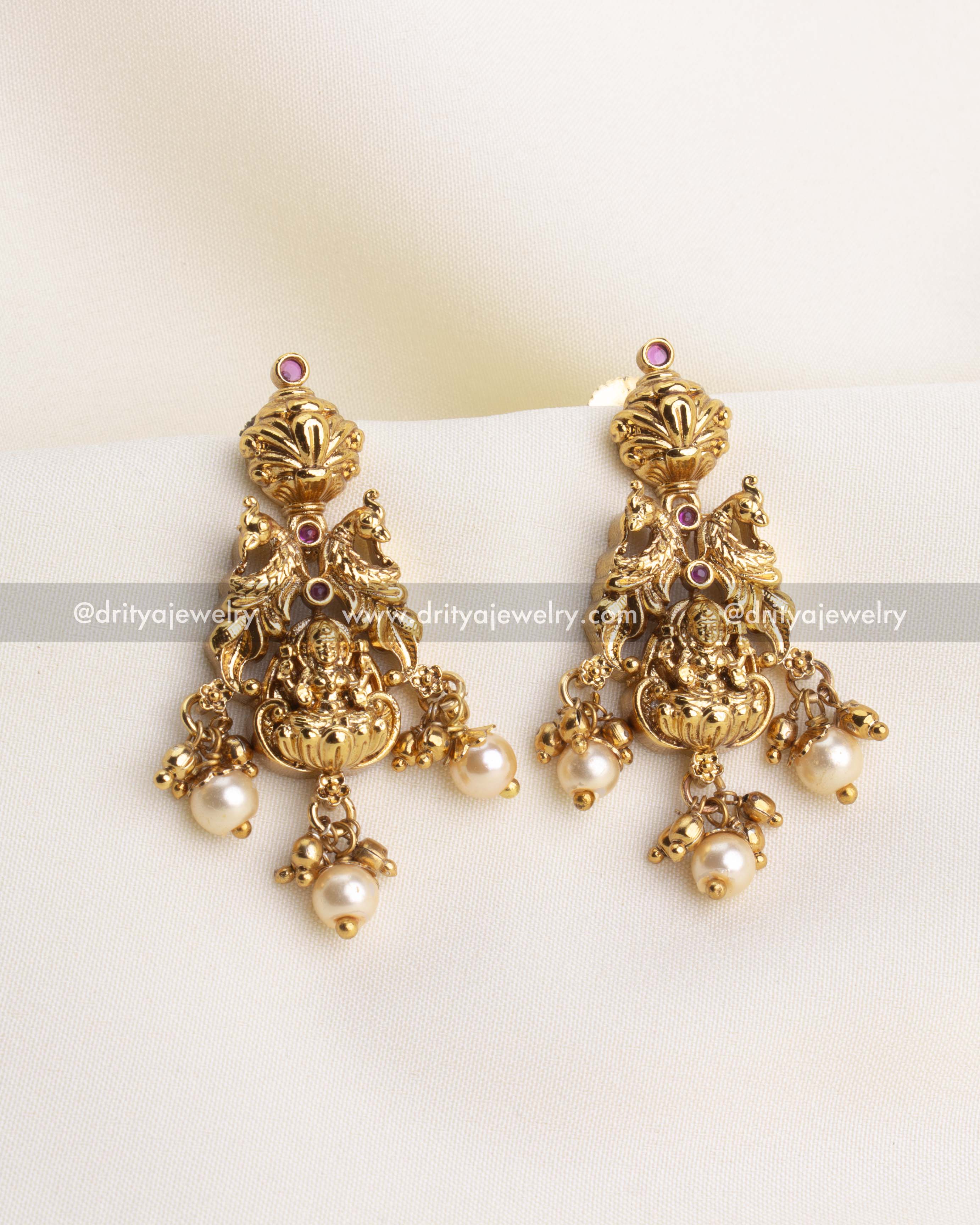 SKU 1127 Necklace Set close-up of matching temple earrings with god idol and pearl hangings