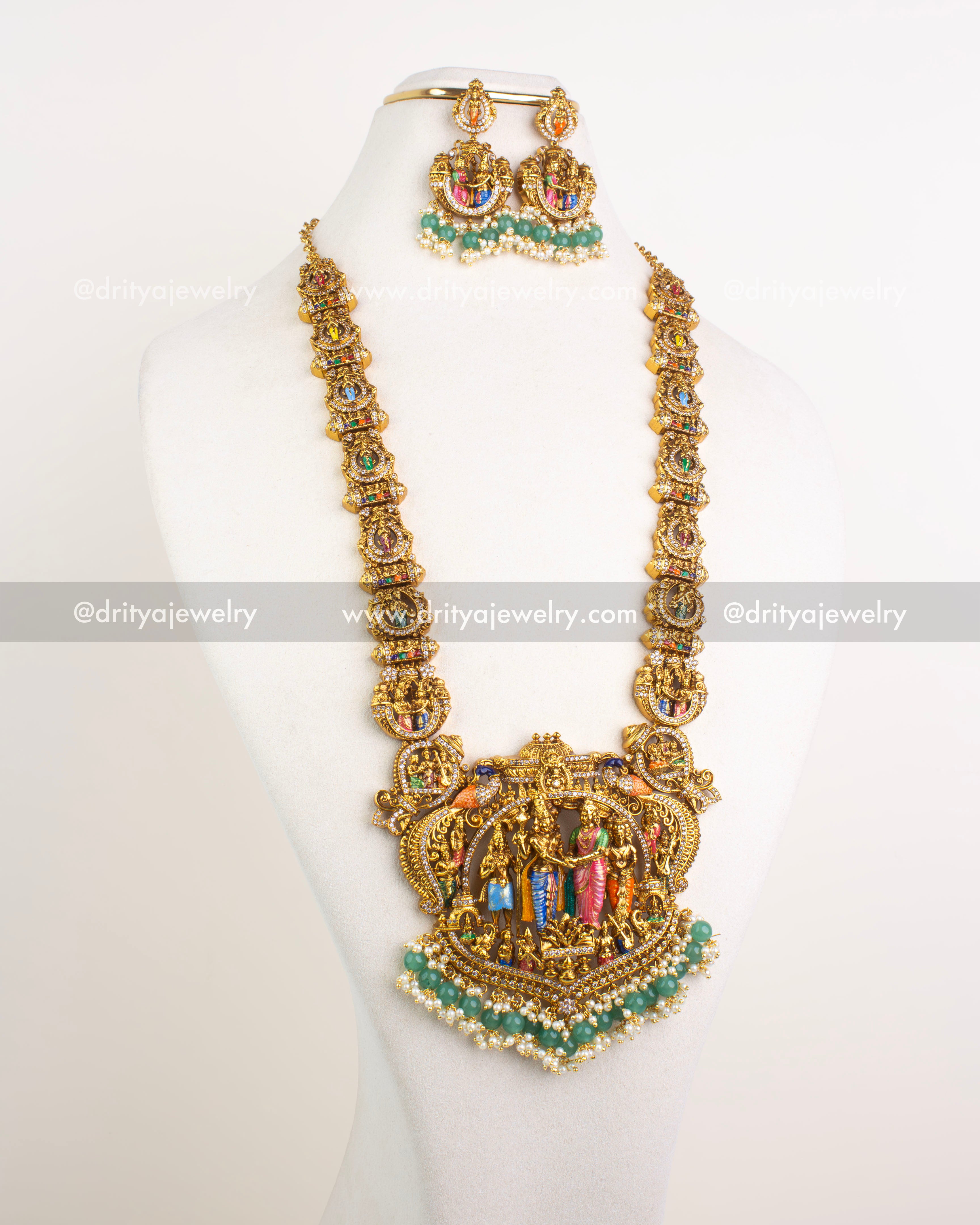 Angled view of Srinivasa Kalyanam long necklace set showing detailed chain and pendant