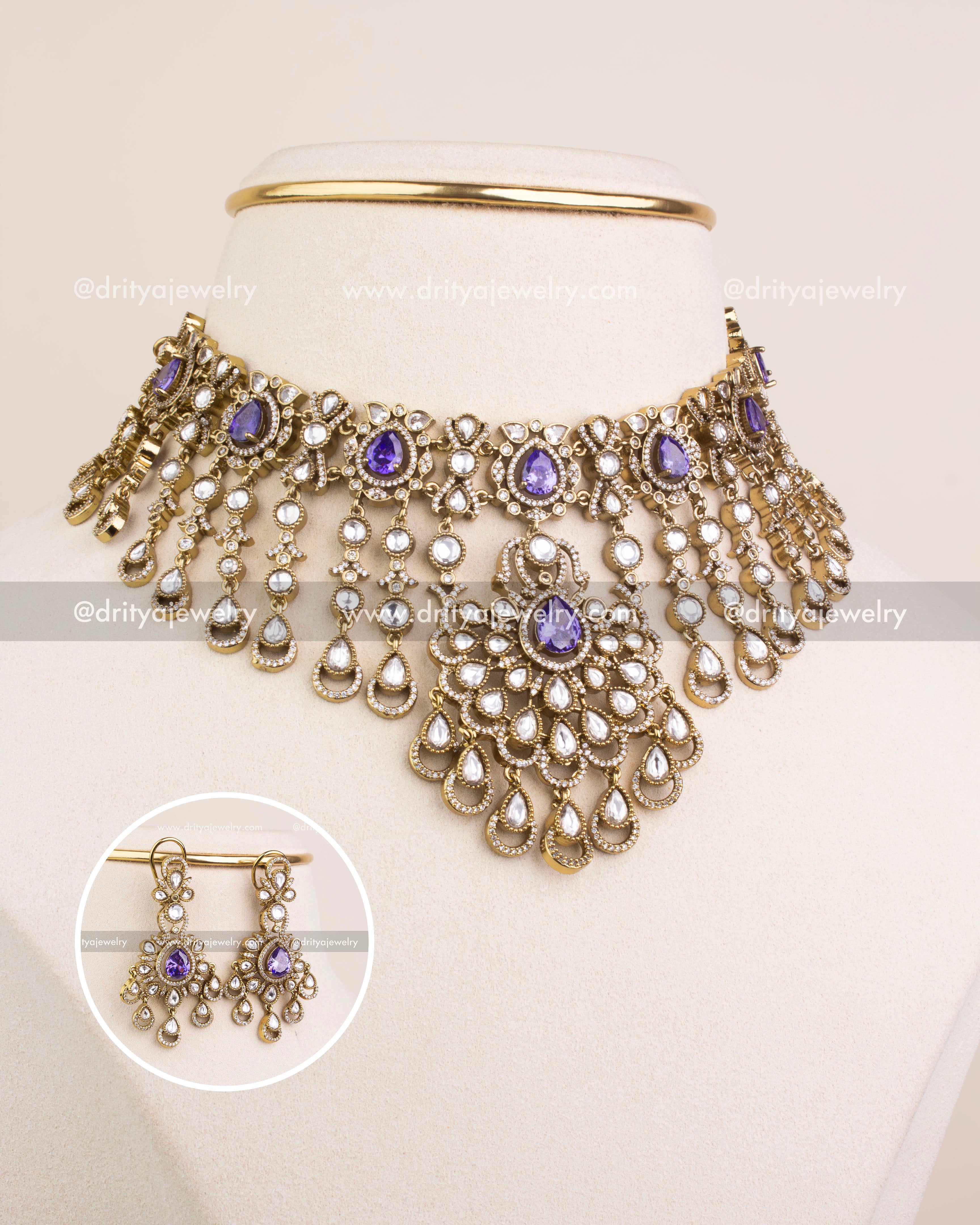 1237-PU Victorian polki kundan choker set with earrings inset view
