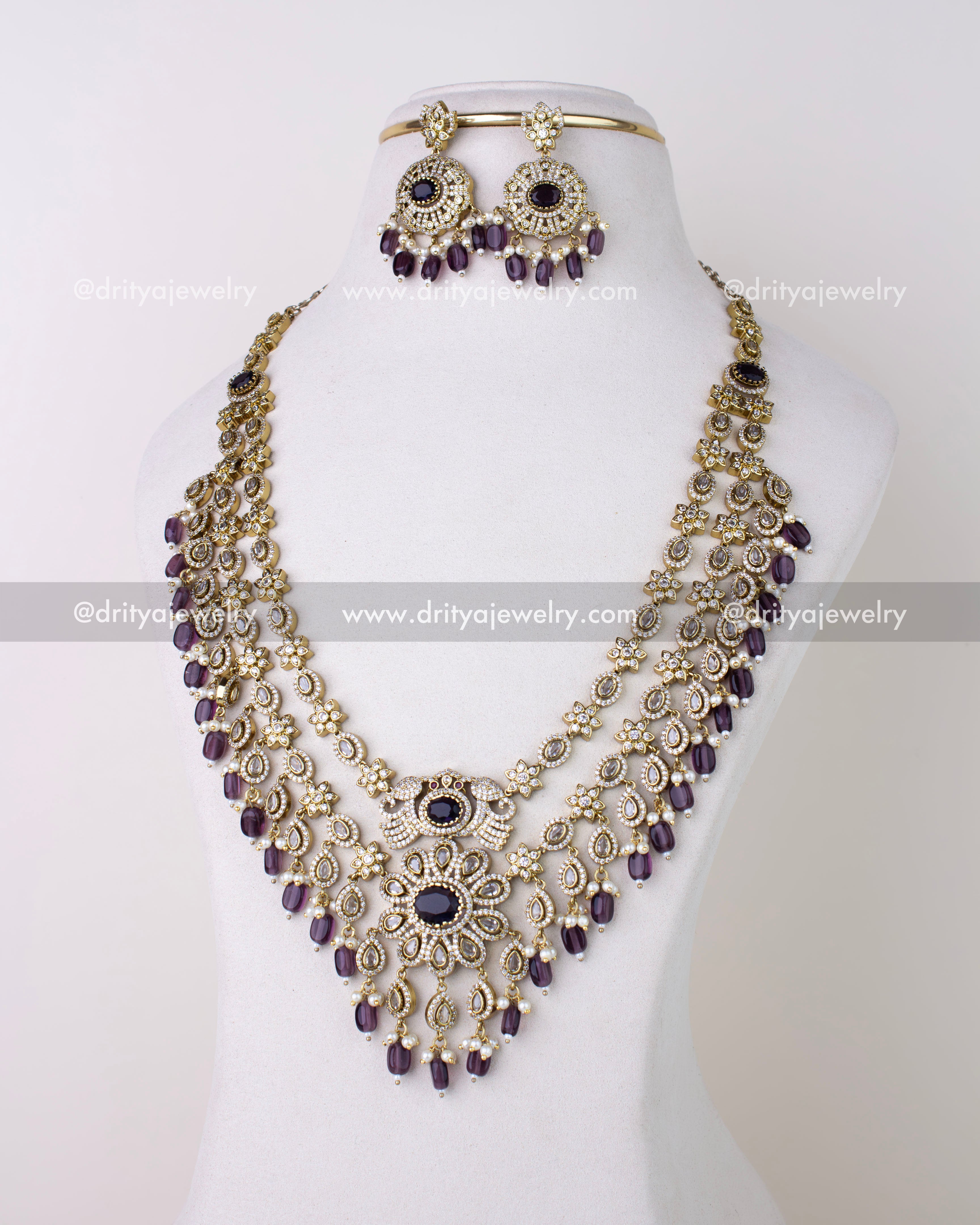 1309-PUL Layered Victorian long necklace set with matching earrings front view