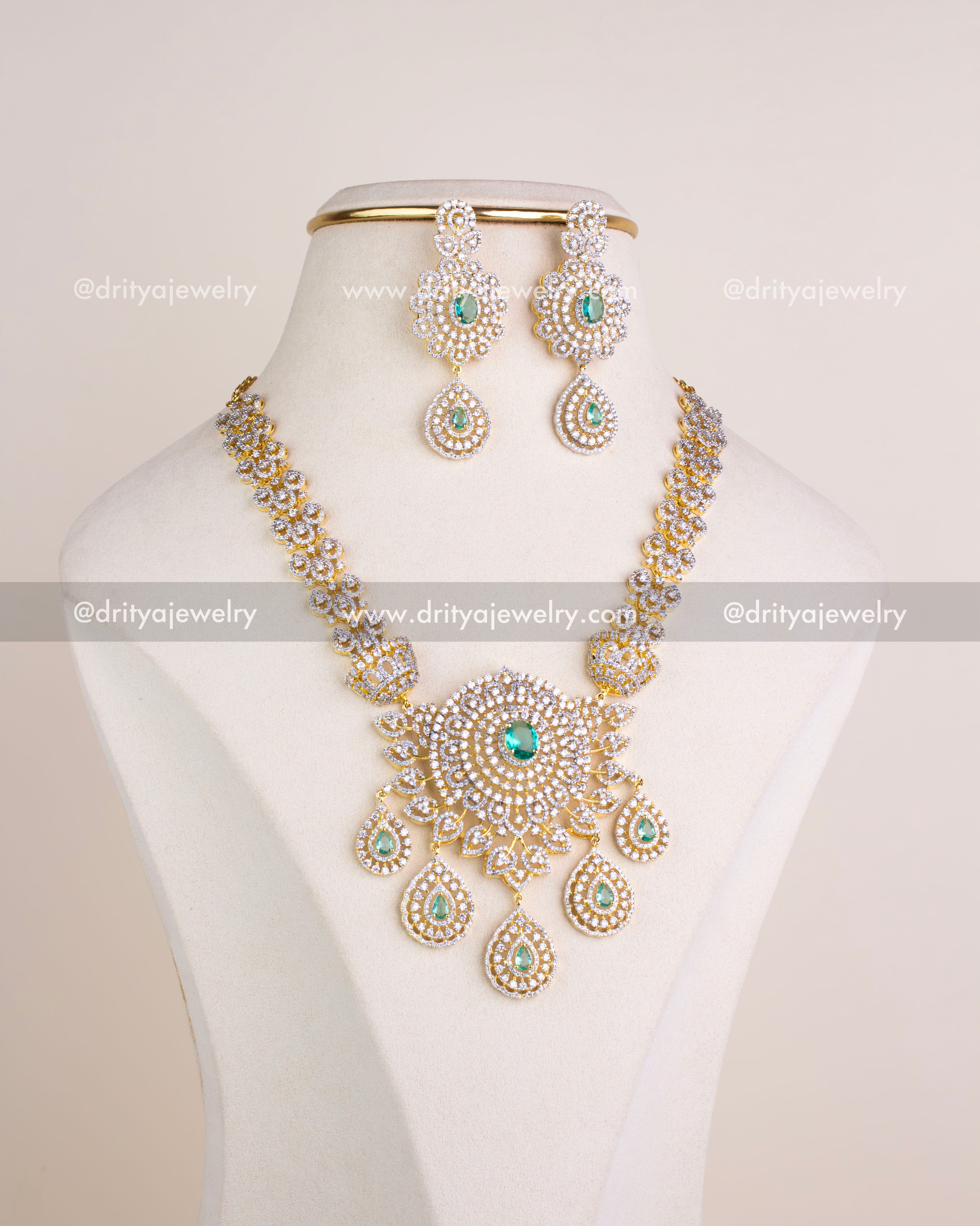 1229-RE premium CZ emerald replica short necklace set with matching dangler earrings front view