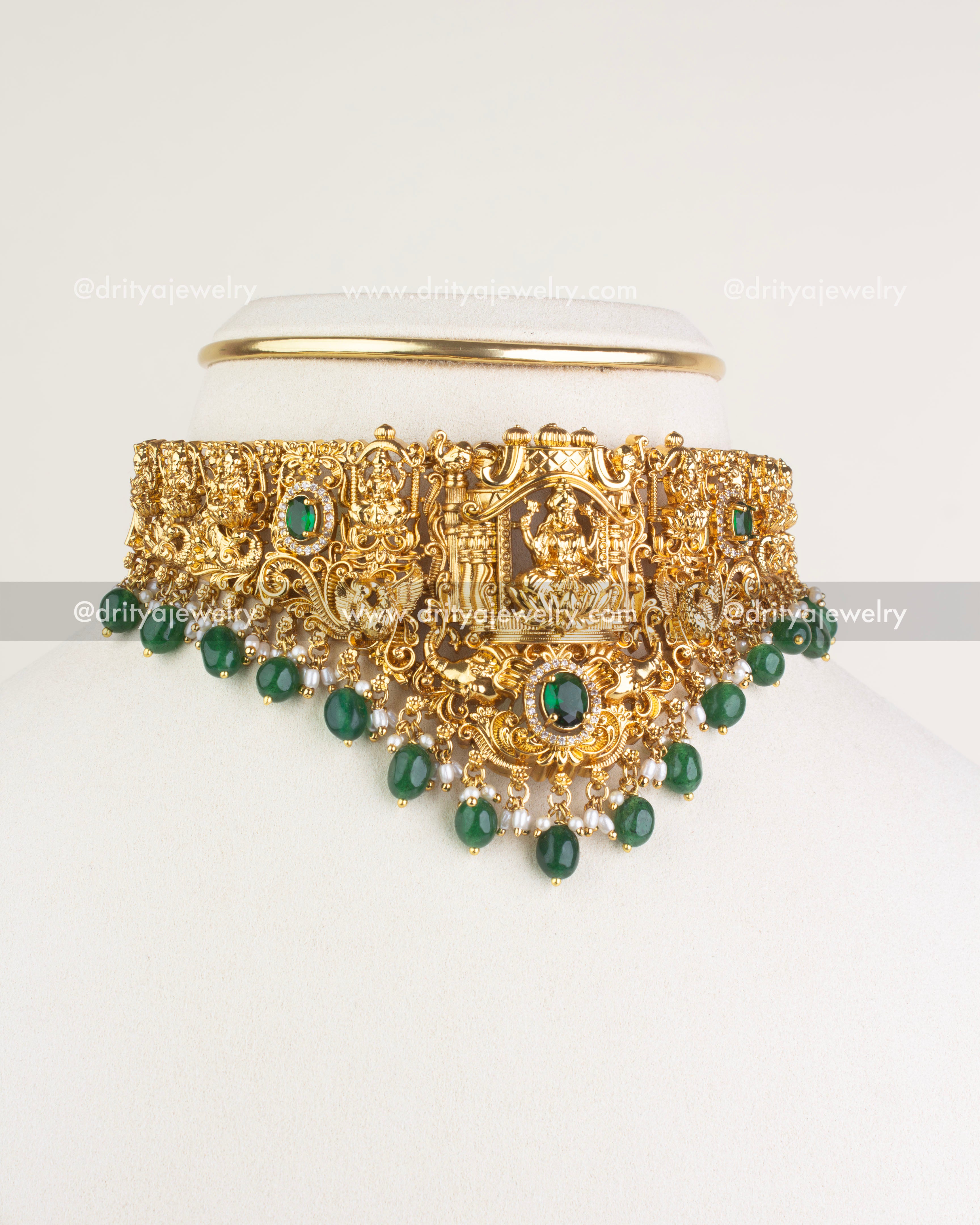1117-G - Necklace Set - Front view of temple Lakshmi choker with emerald green bead drops