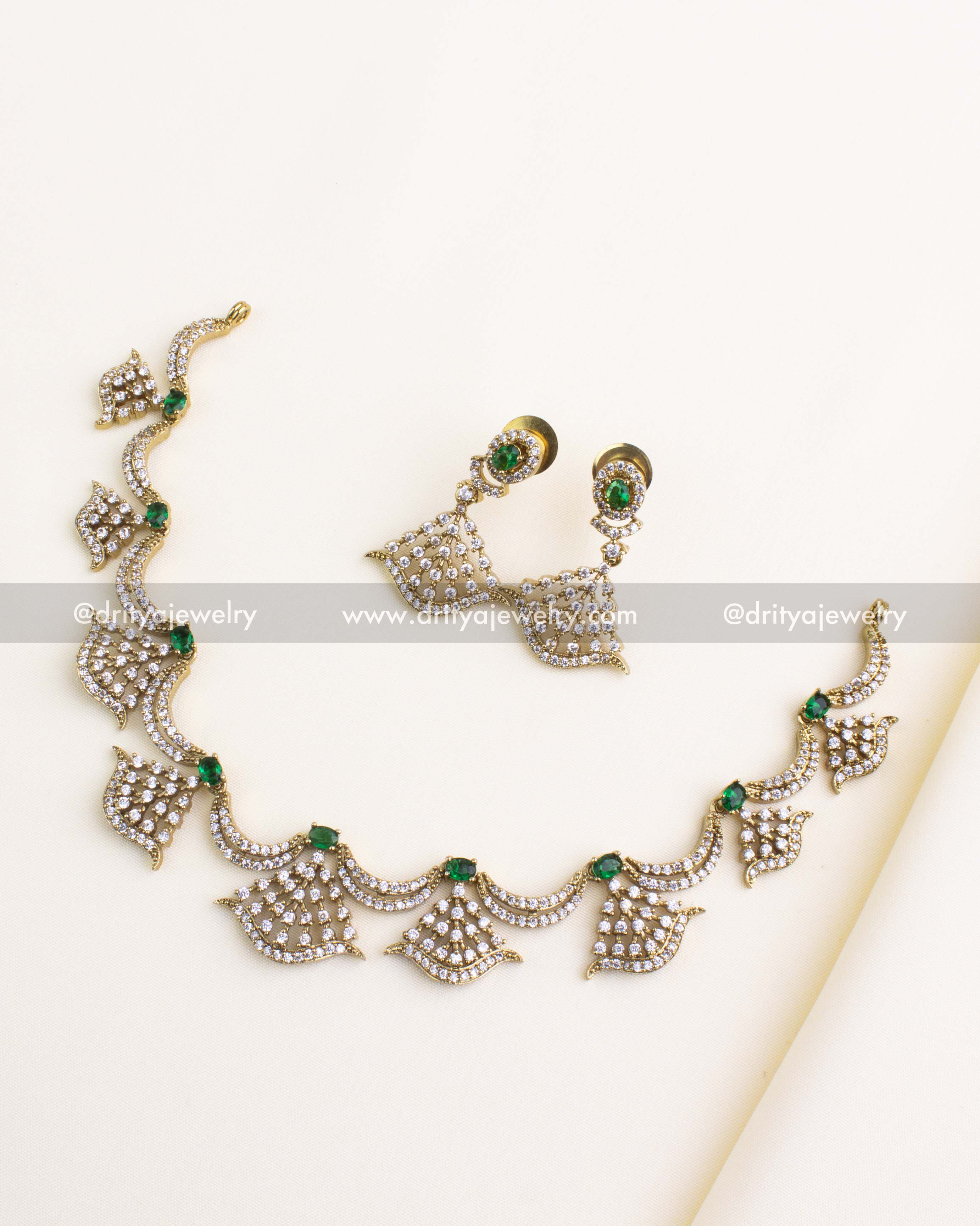 SKU 1179 Victorian CZ emerald short necklace set full view