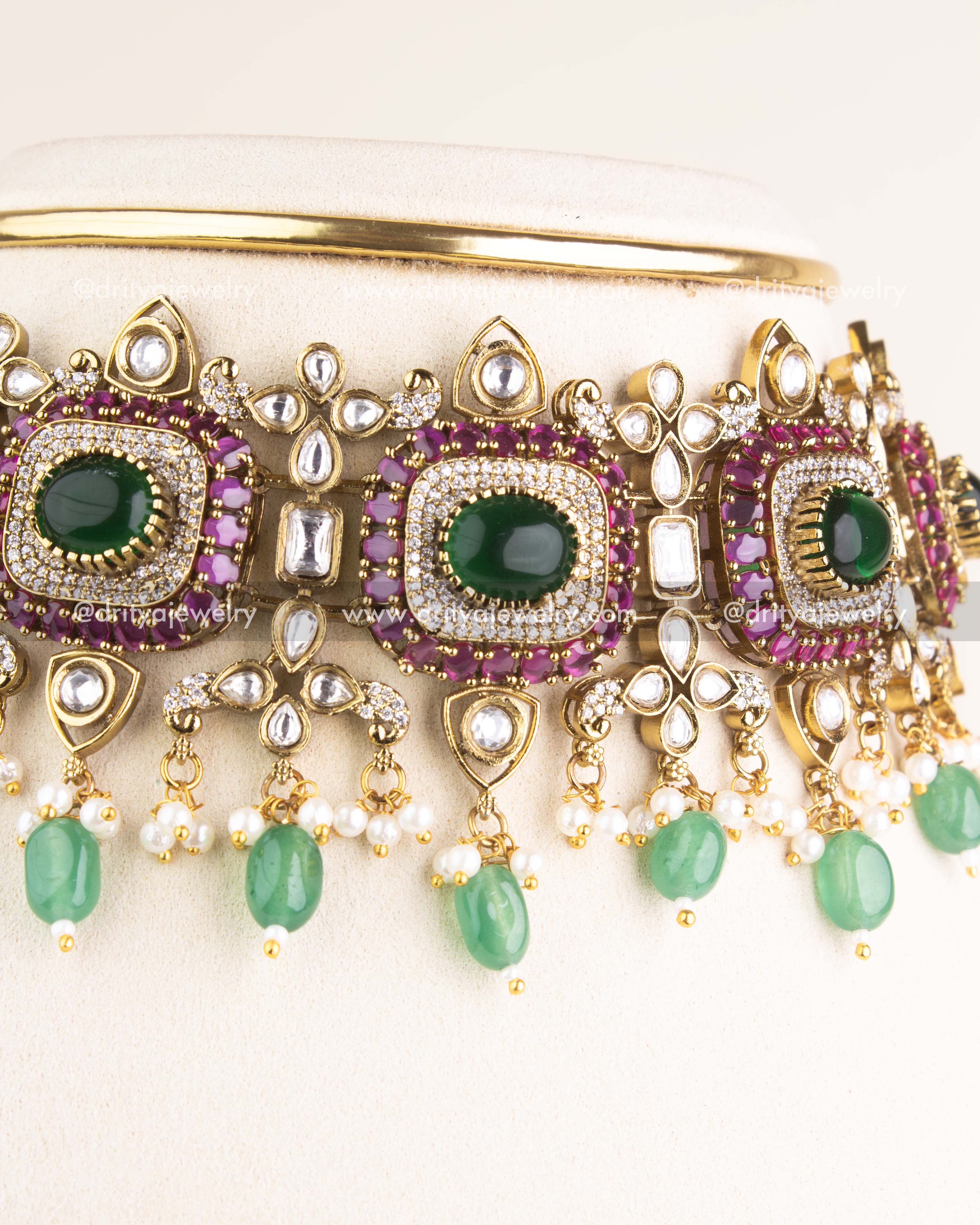 SKU 1144 Necklace Set detailed side close-up of kundan work and dangling green beads on choker.