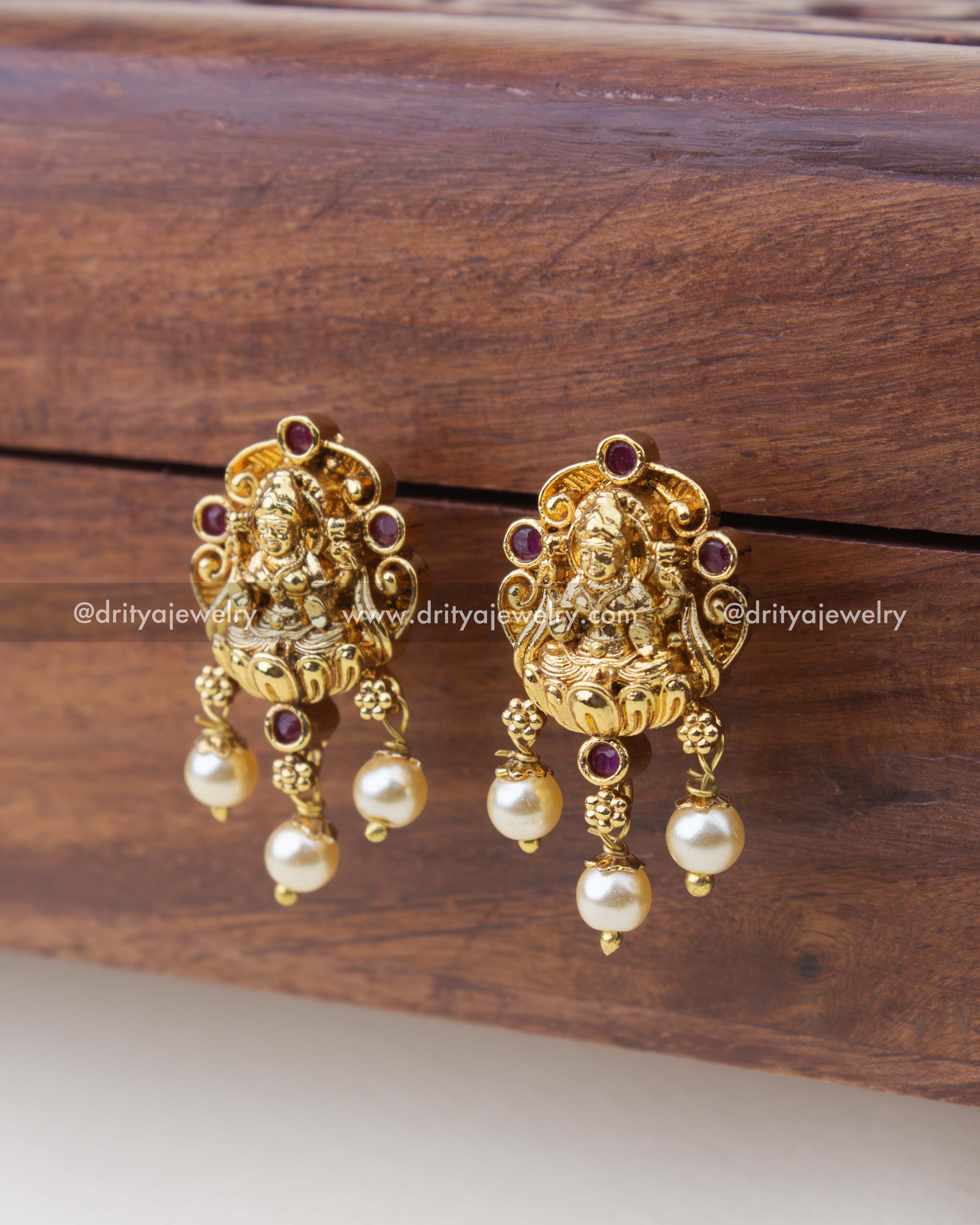 1303-R temple god idol ruby and pearl drop stud earrings front view