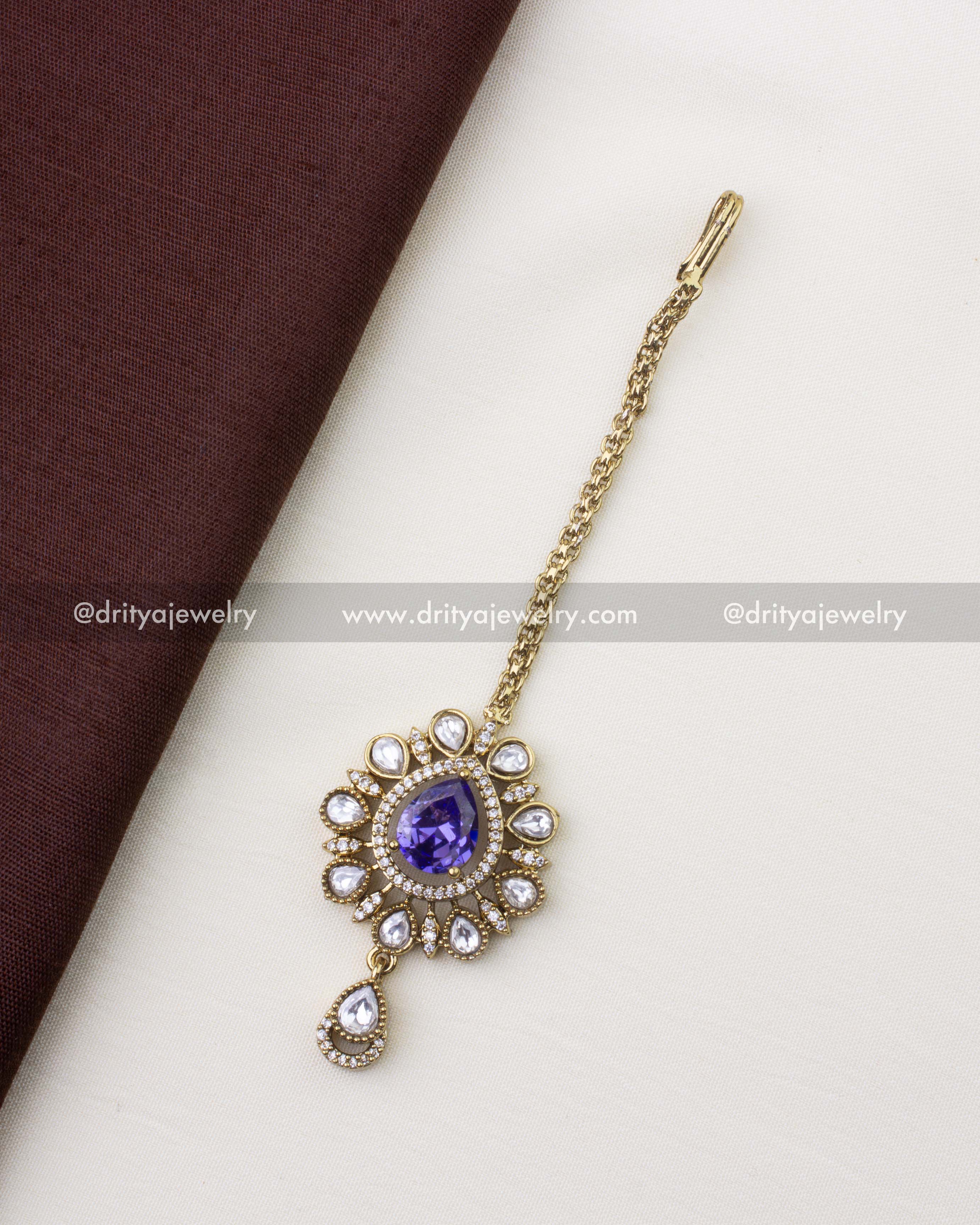 1237-PU maang tikka with purple centre stone and polki kundan detailing