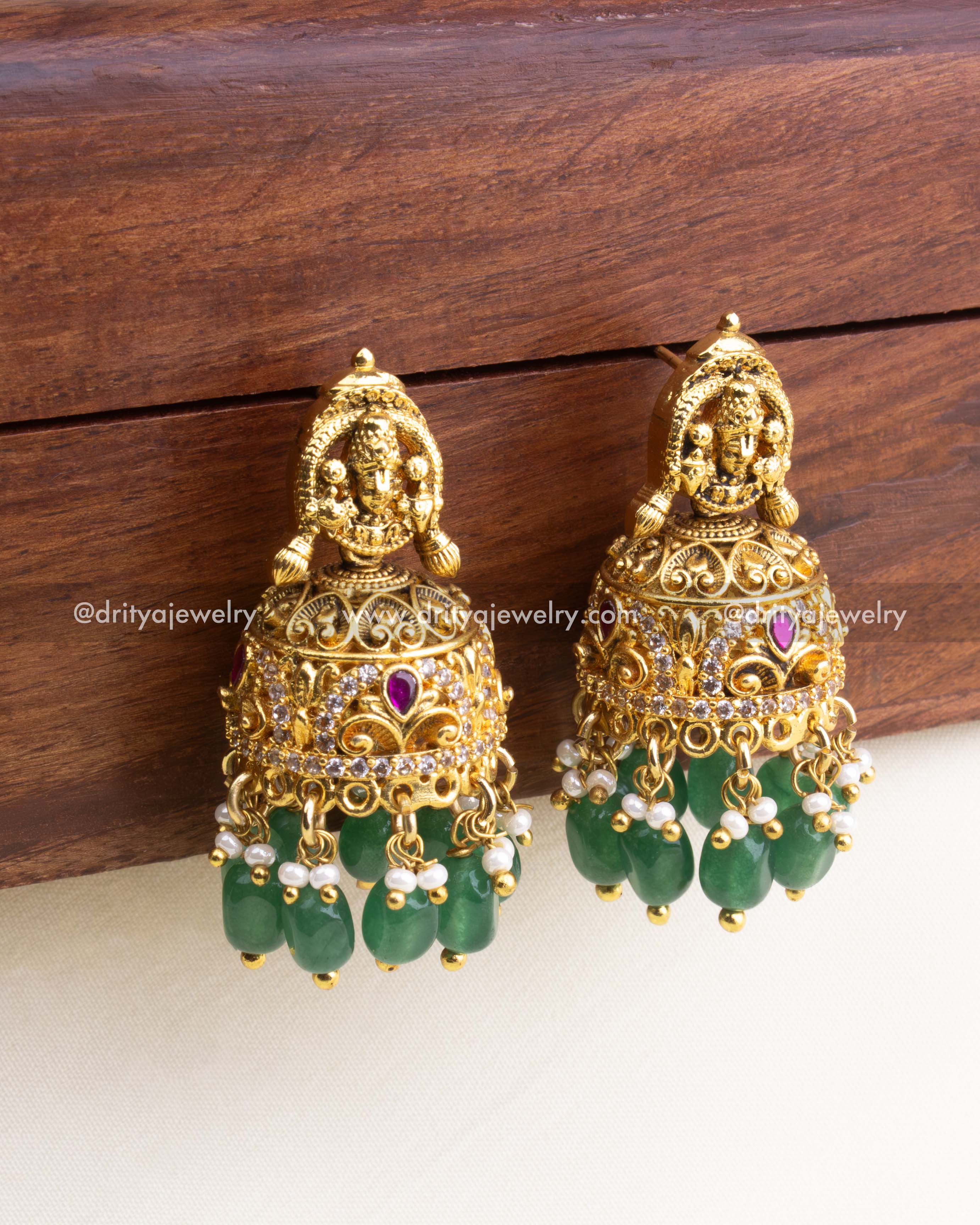 1123-ER - Earrings - Angled view showing side profile of temple-style jhumka earrings