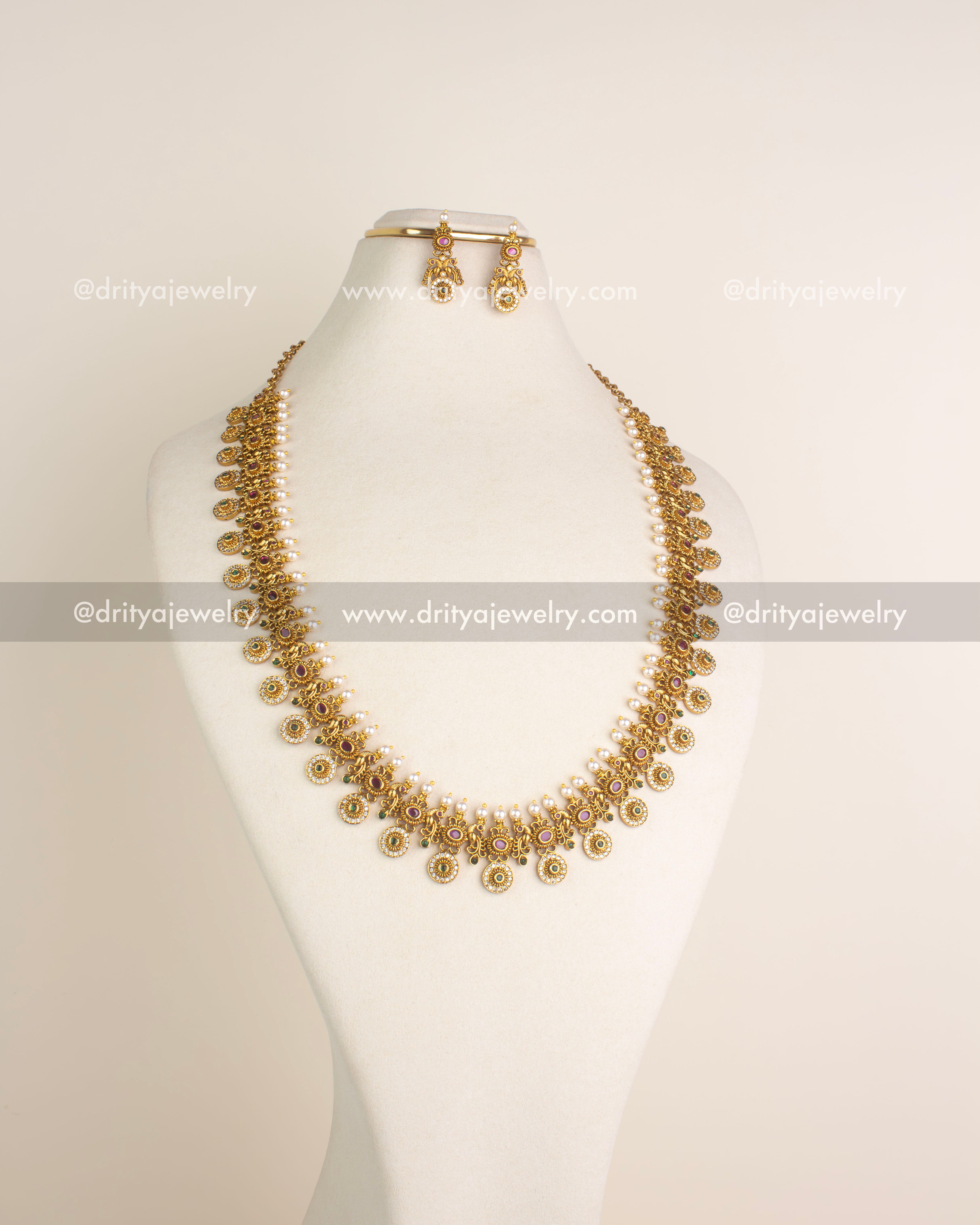 SKU 1159 Necklace Set full mannequin view of antique bottu mala long necklace with earrings