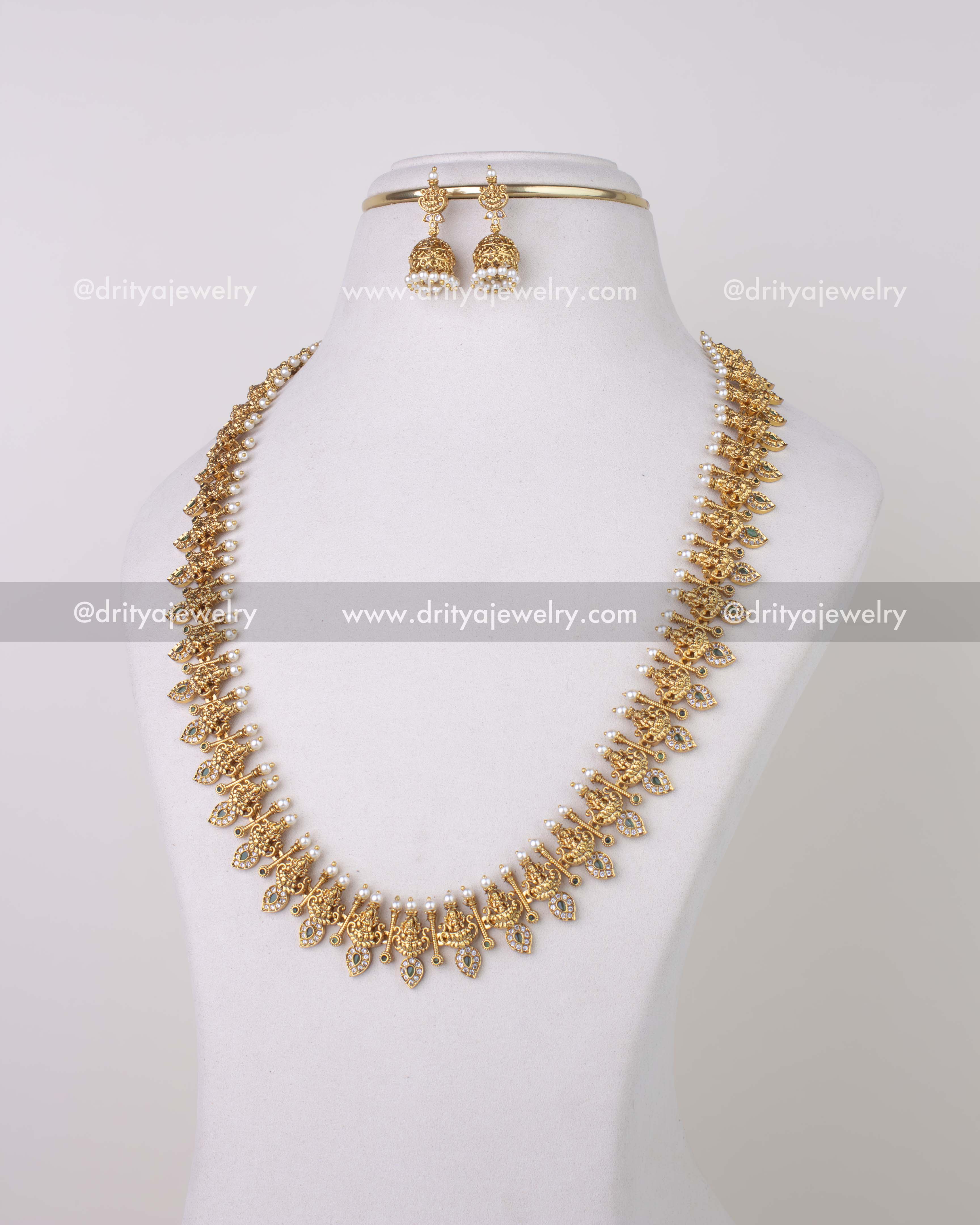 1279-G premium god idol mango motif necklace set with jhumka earrings front view
