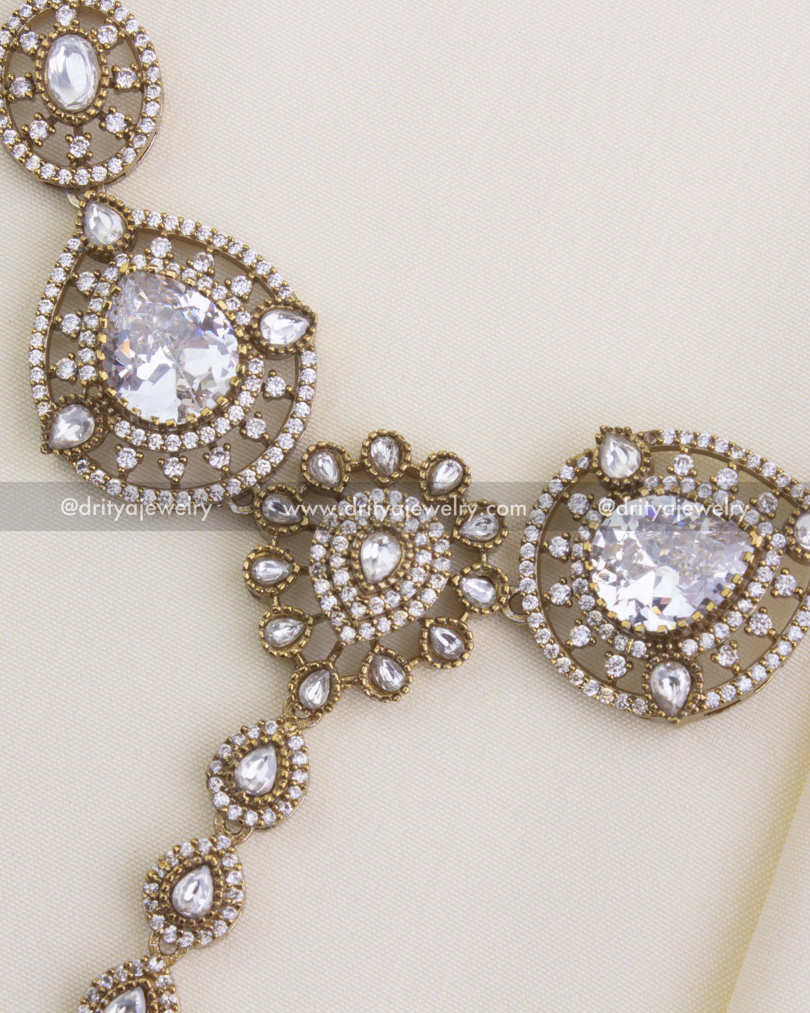 Mid-section view of polki kundan inspired Victorian maang tikka with teardrop motifs, SKU 1112-W