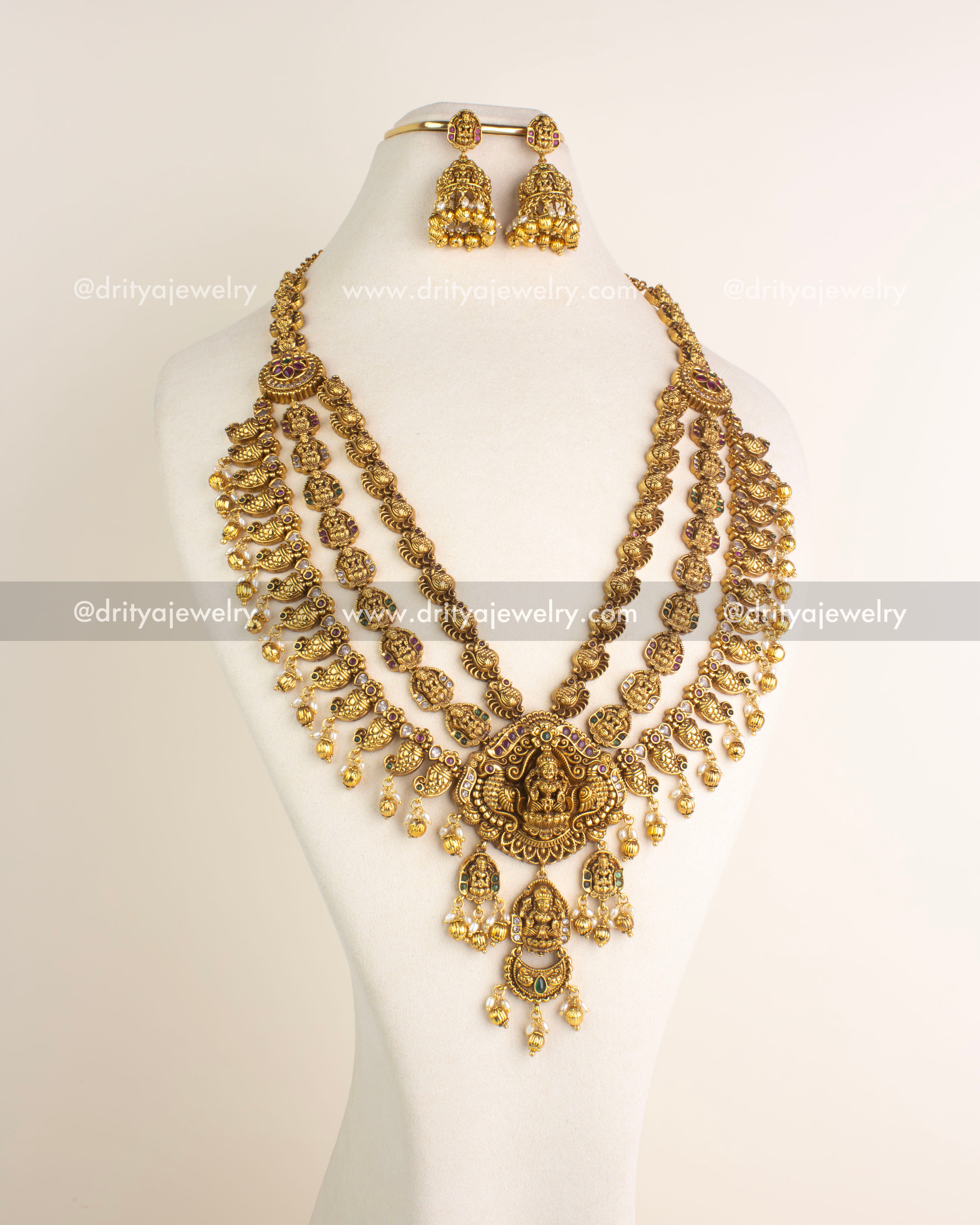 SKU 1162 Necklace Set full front view of multi-layered bridal haram with earrings