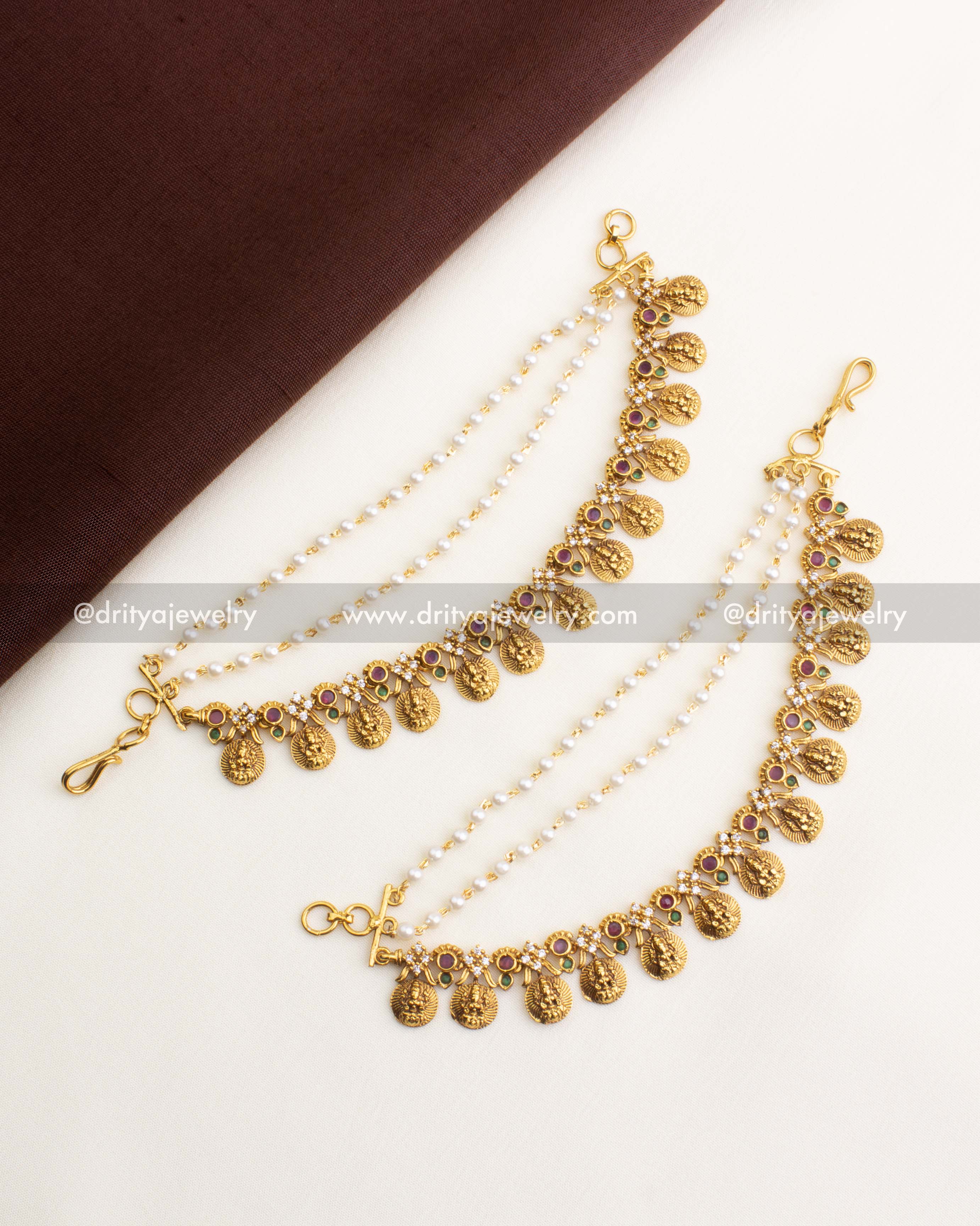 1185-G full view of premium temple champaswarlu ear chains with pearl strands
