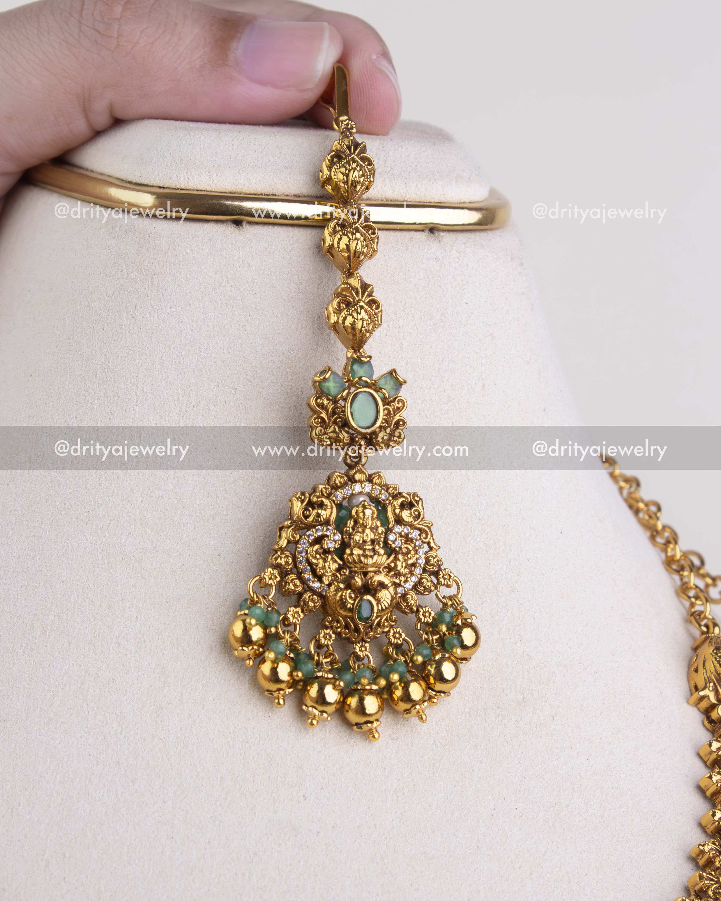 Lakshmi god idol maang tikka with green stones and bead drops from bridal temple necklace set 1244-SET