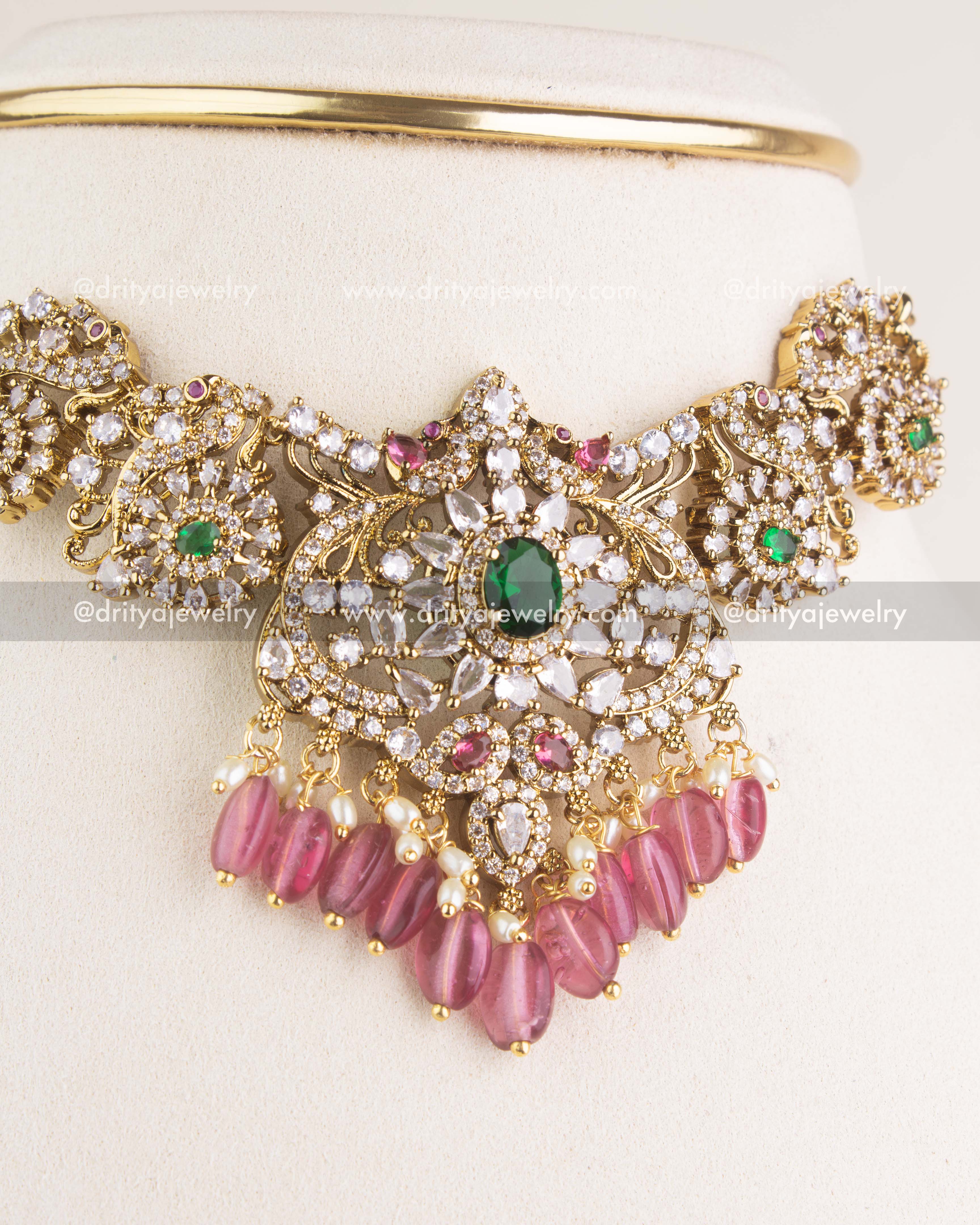 SKU 1150 Necklace Set close-up of Victorian CZ choker centre with pink bead drops