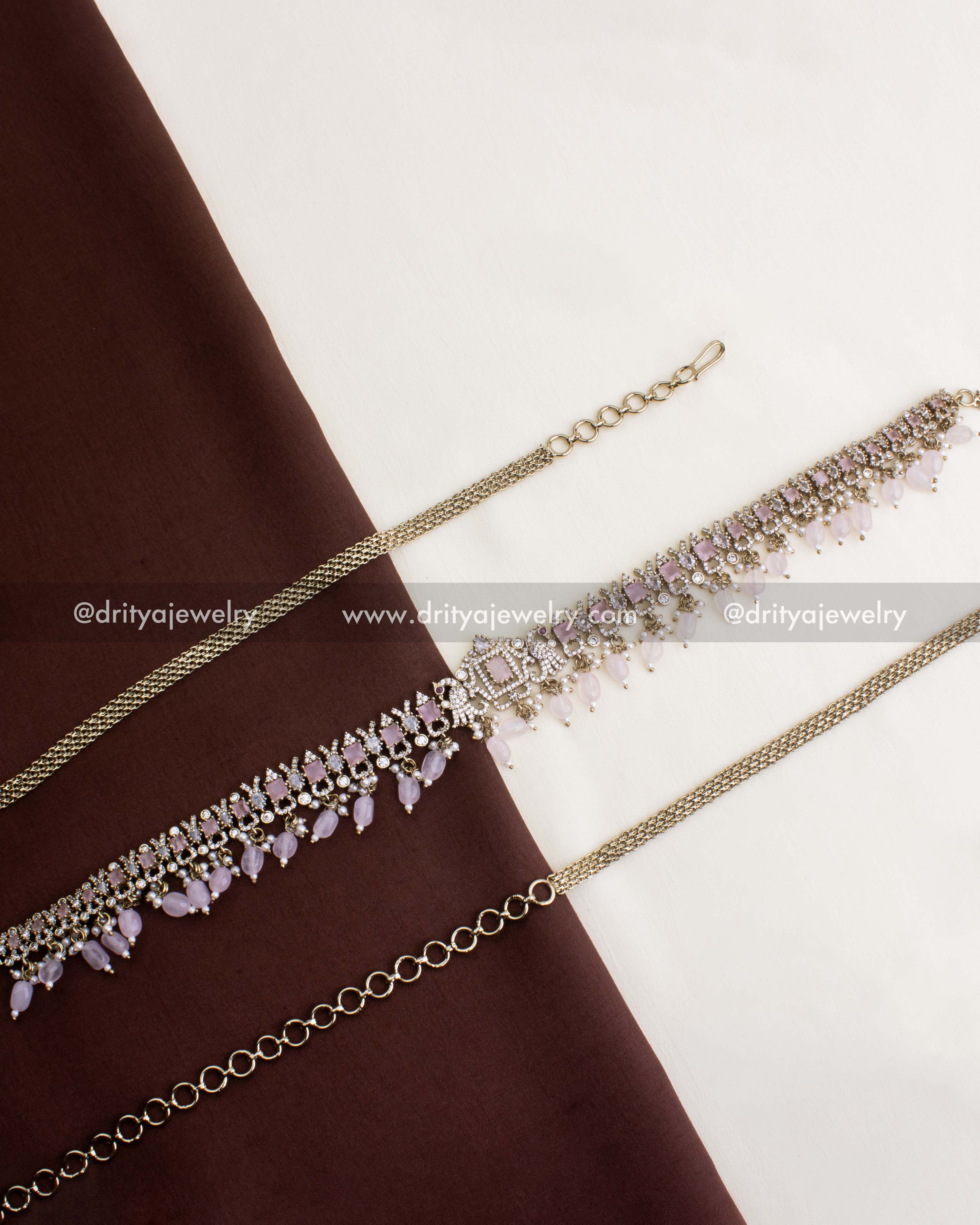 1130-BP full-length view of blush pink Victorian hip chain with adjustable waist belt chain