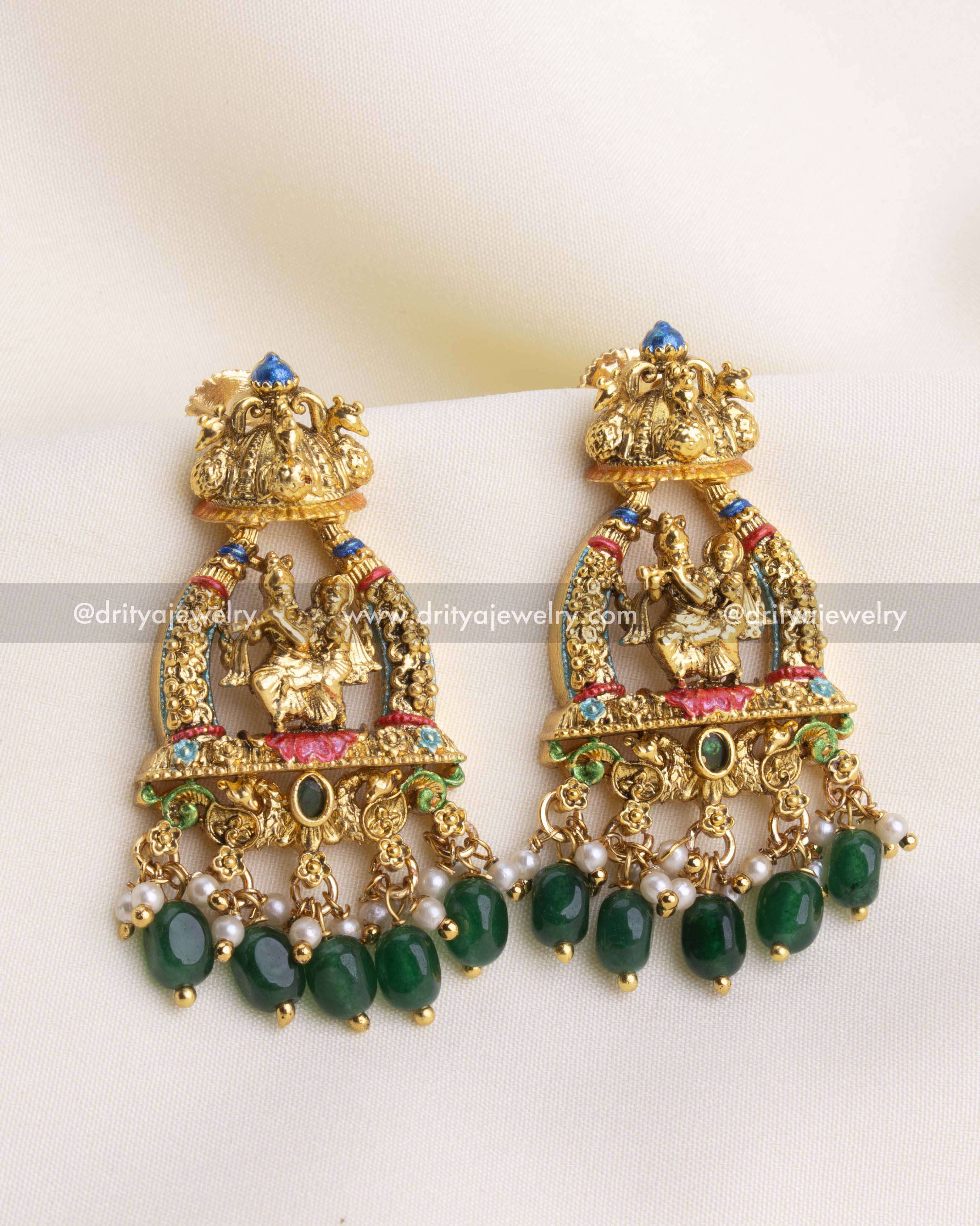 SKU 1115 Necklace Set - close-up of Krishna idol earrings with green bead and pearl drops