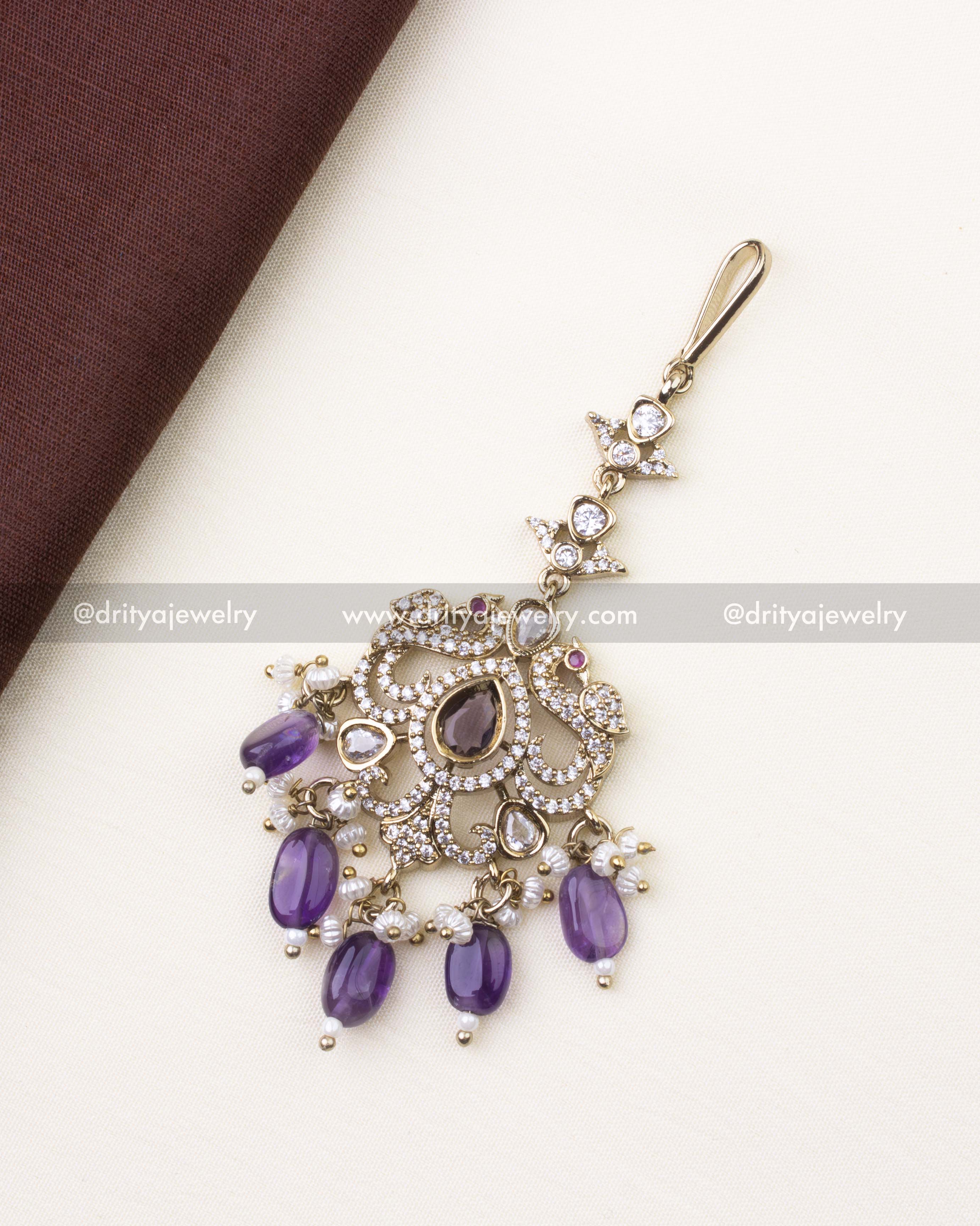 608-PU Victorian-style maang tikka with purple beads and stone-studded motif front view