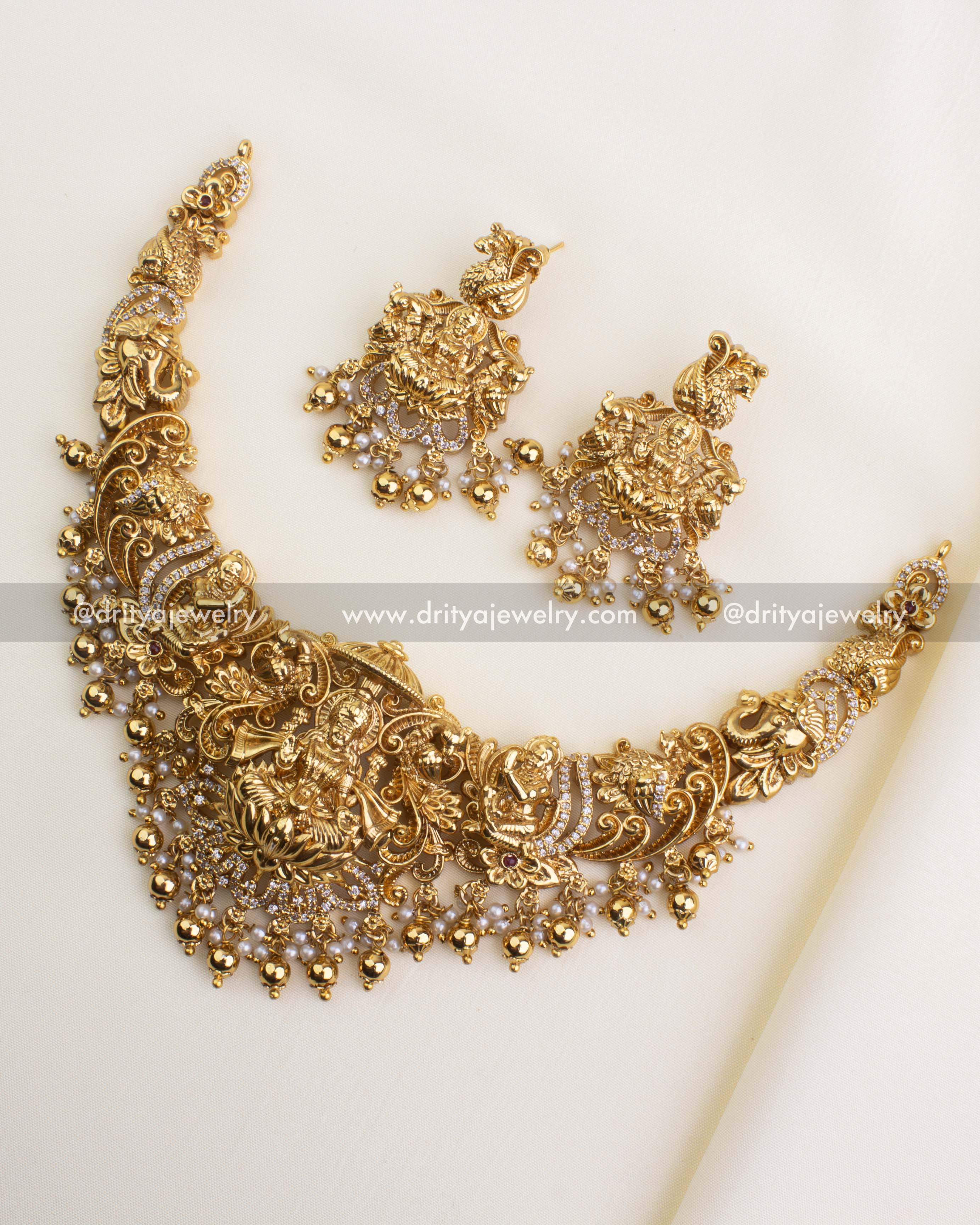 SKU 1121 Necklace Set - Full set view of nakshi temple short necklace with matching earrings