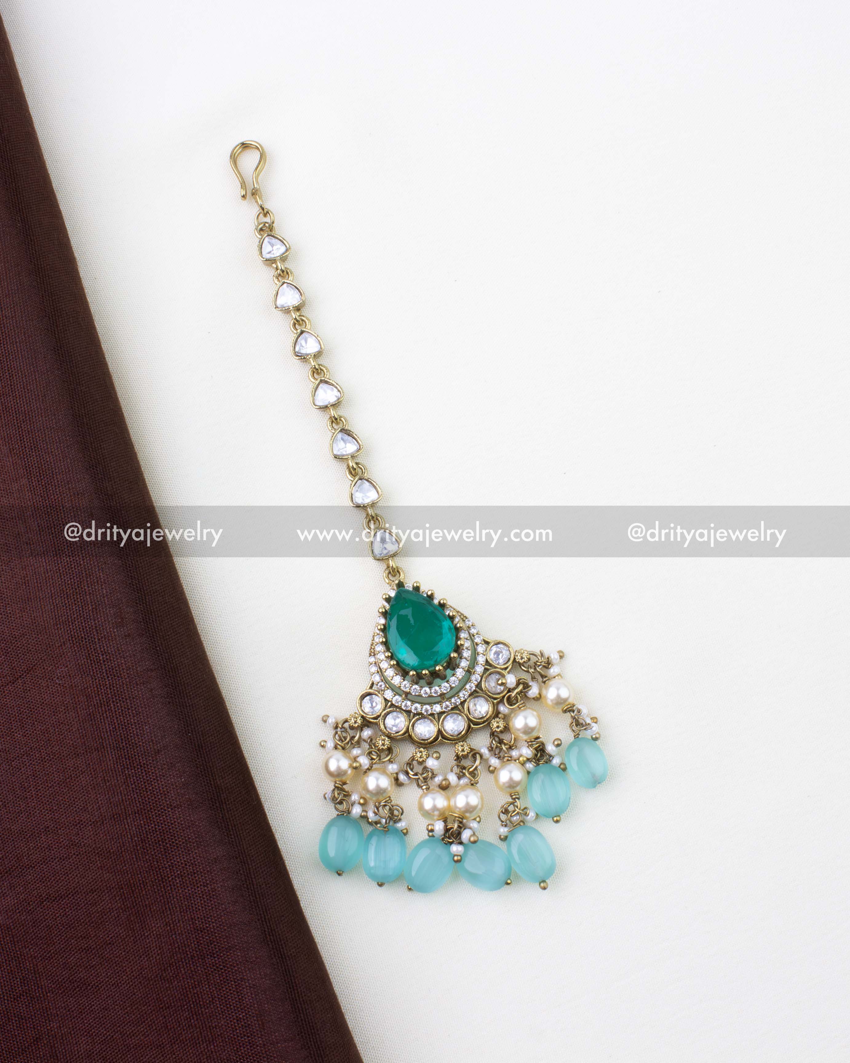 1285-MG full-length Victorian mint and pearl maang tikka with hook