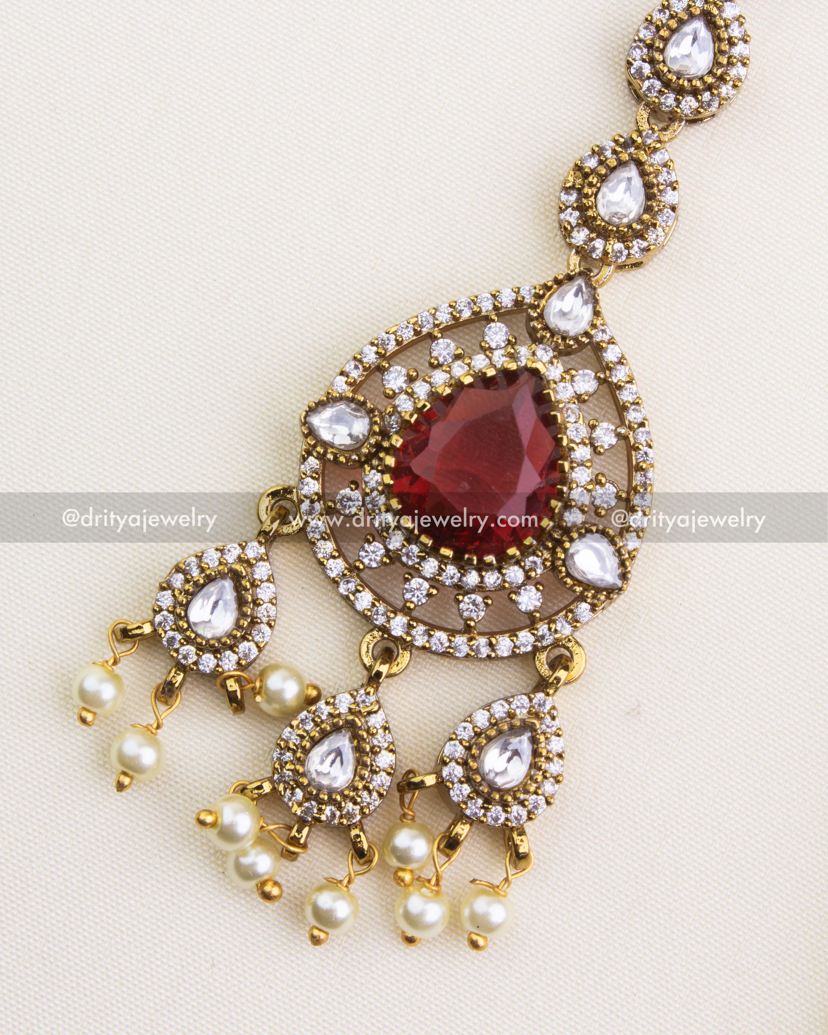 1112-R - Damini headpiece - detailed view of pendant with pearl drops and red centre stone