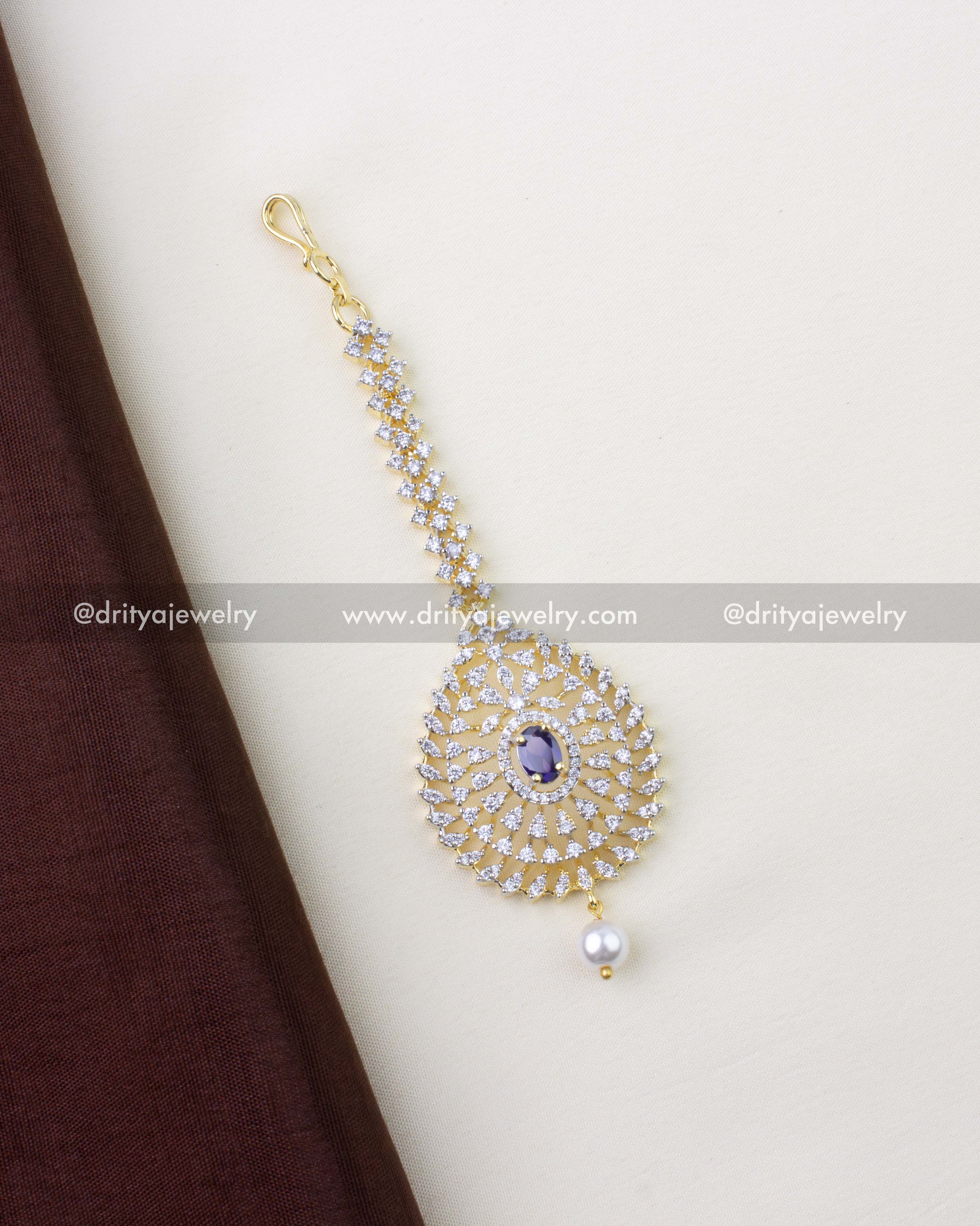 1293-PU premium purple stone diamond replica maang tikka full view