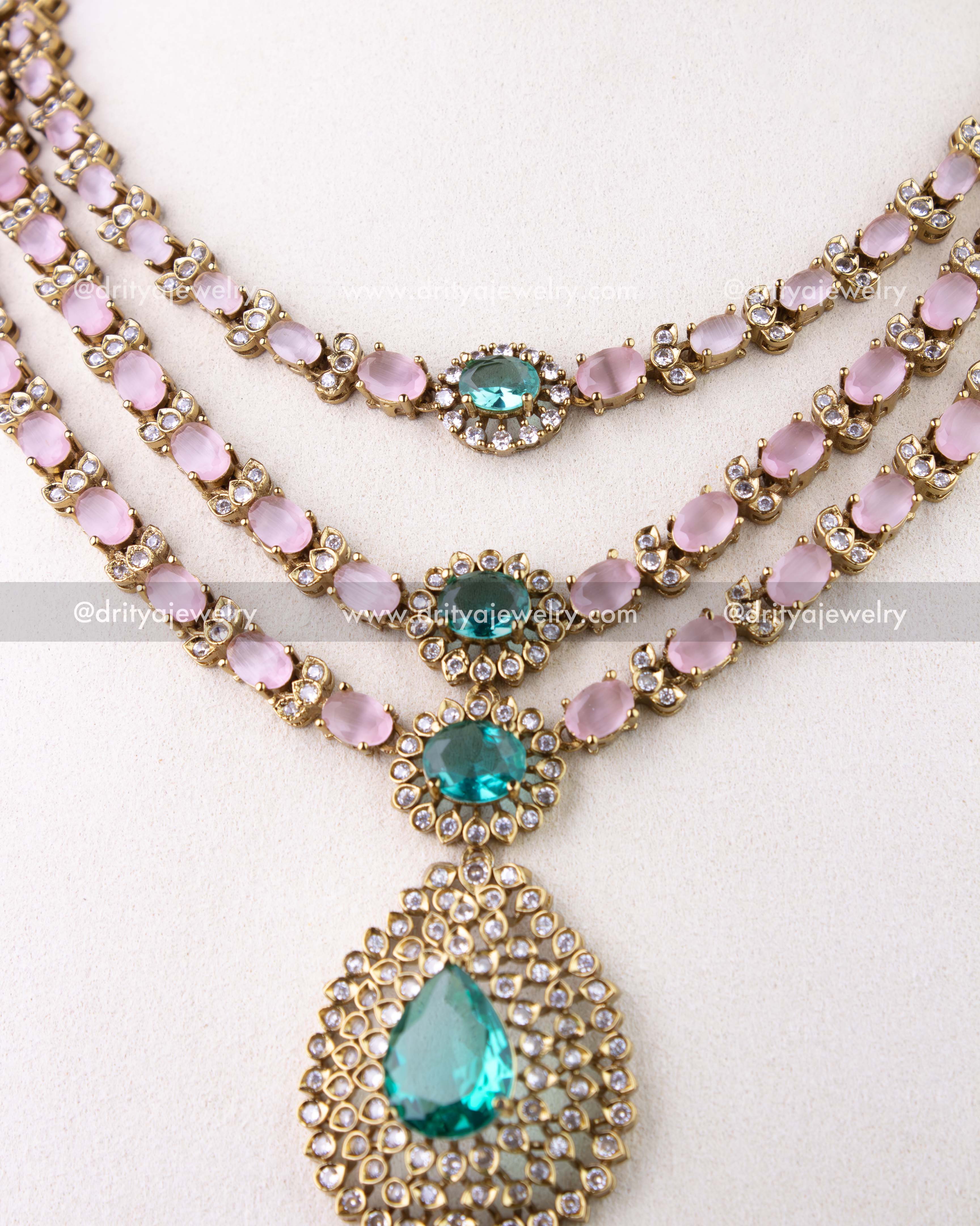 1296-BP necklace close-up with three layers and mint green center drops