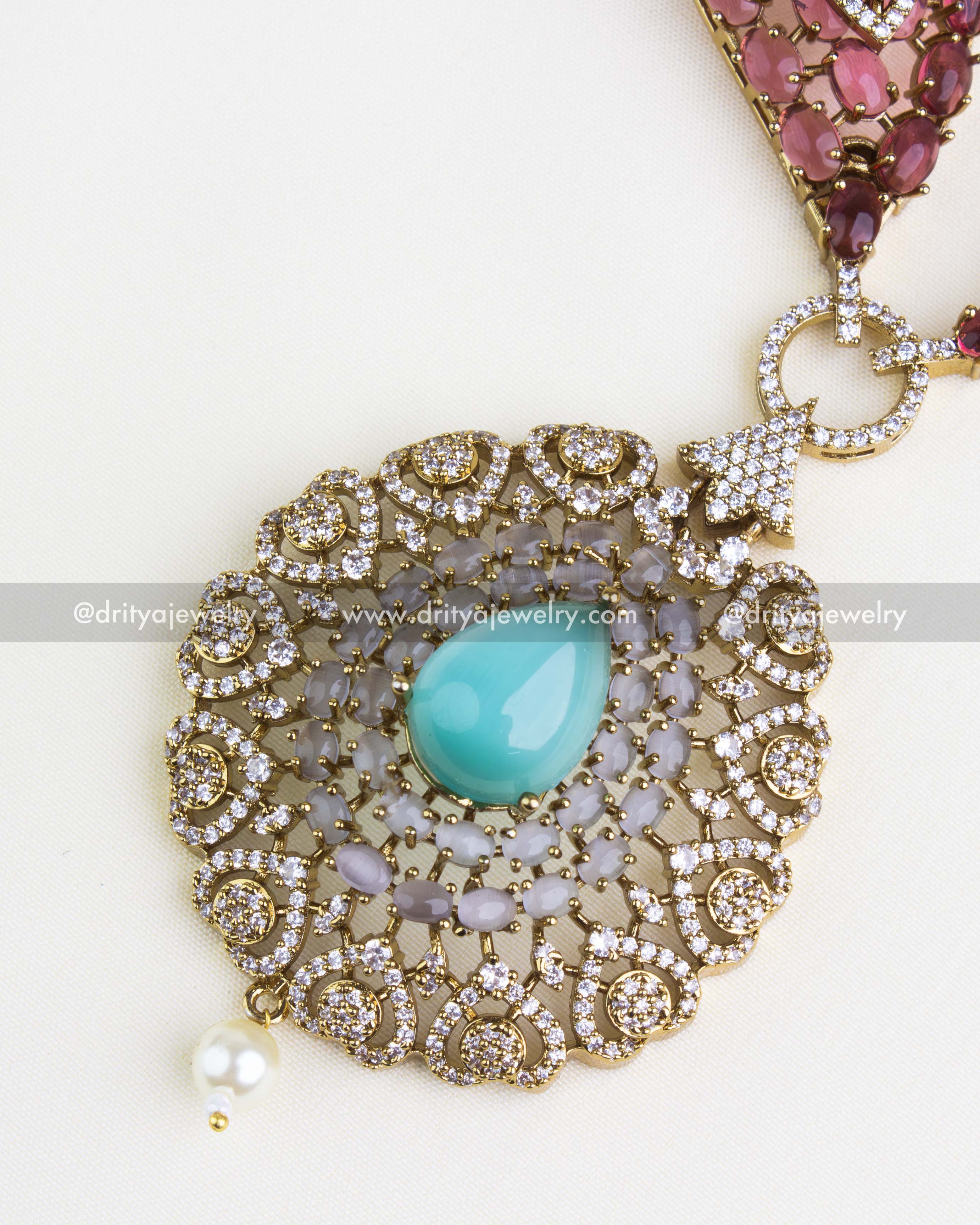 SKU 1110-PM - Necklace Set - Close-up of central pendant with mint teardrop stone and pearl drop