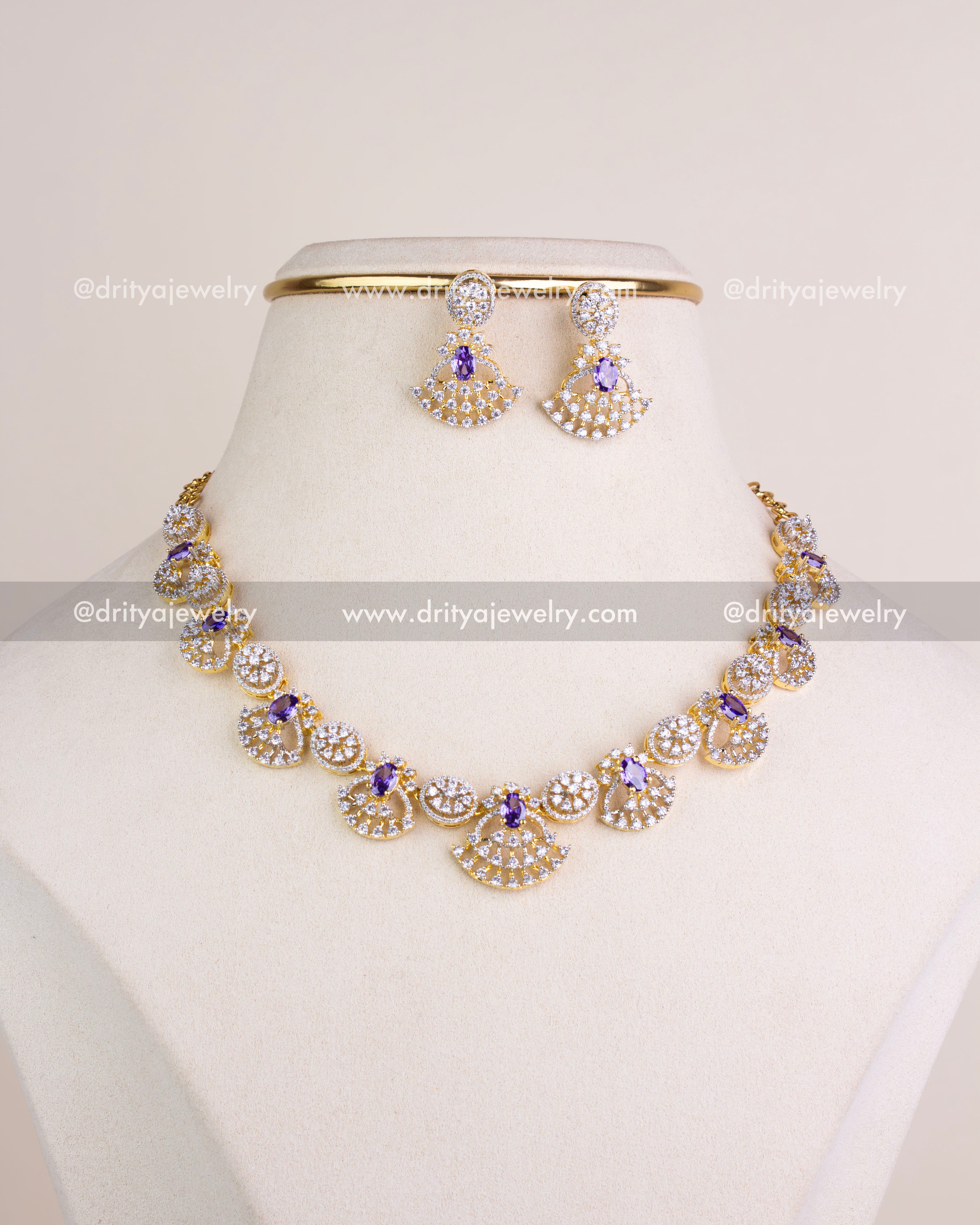 1211-PU premium CZ and purple stone short necklace set with matching earrings front view