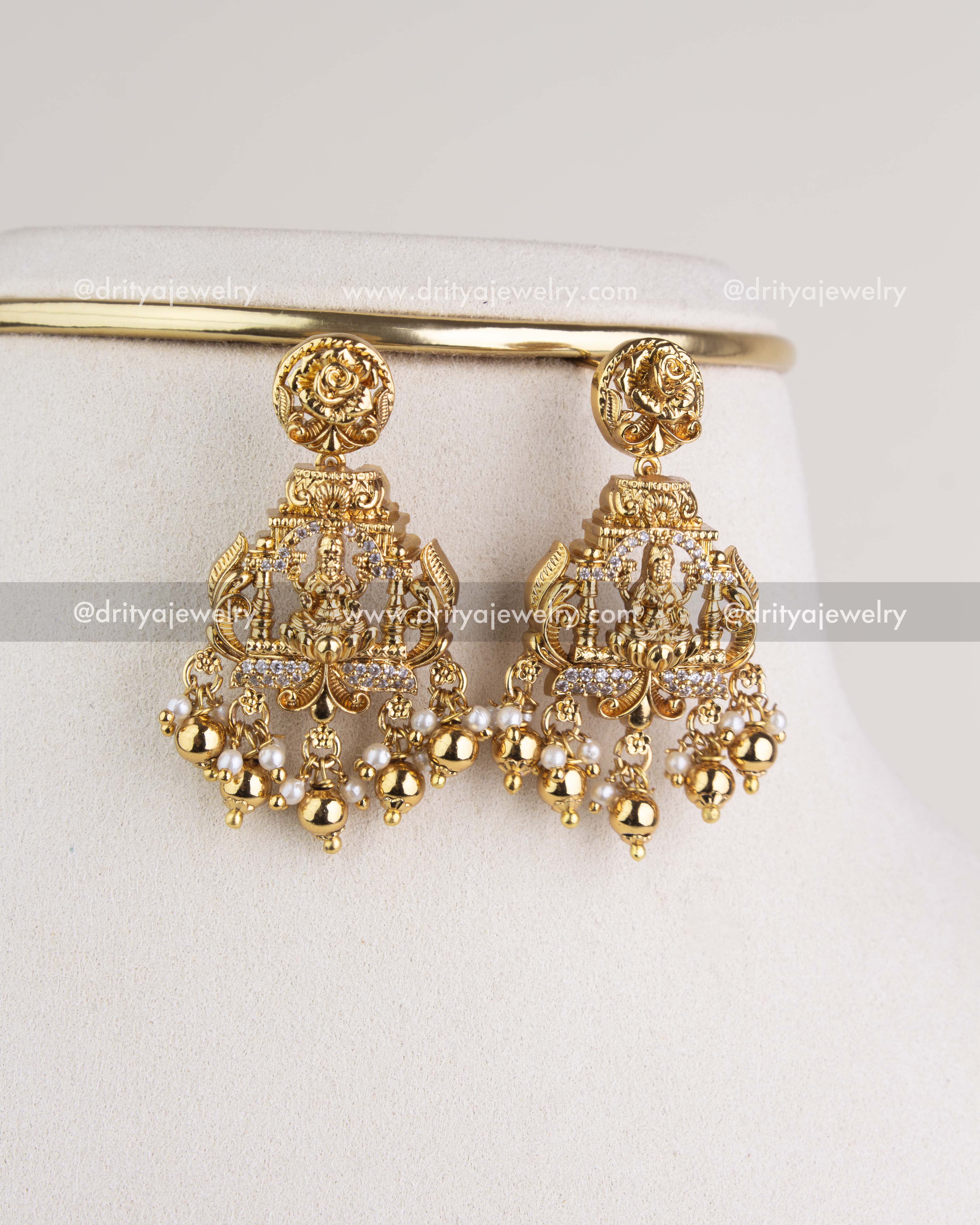 SKU 1128 Necklace Set close-up of matching temple-style jhumka earrings with pearl drops
