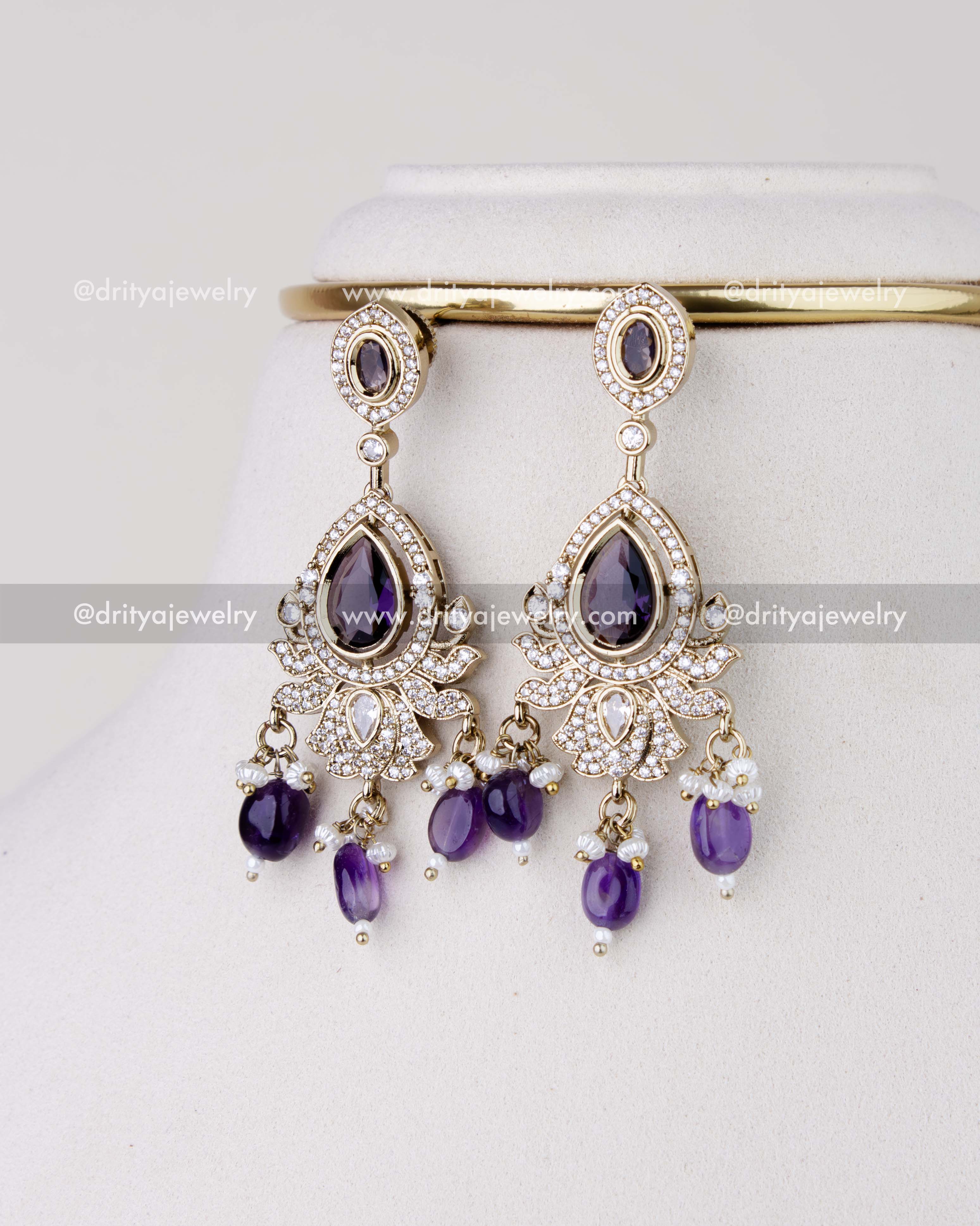 1275-PU matching purple stone Victorian dangler earrings front view