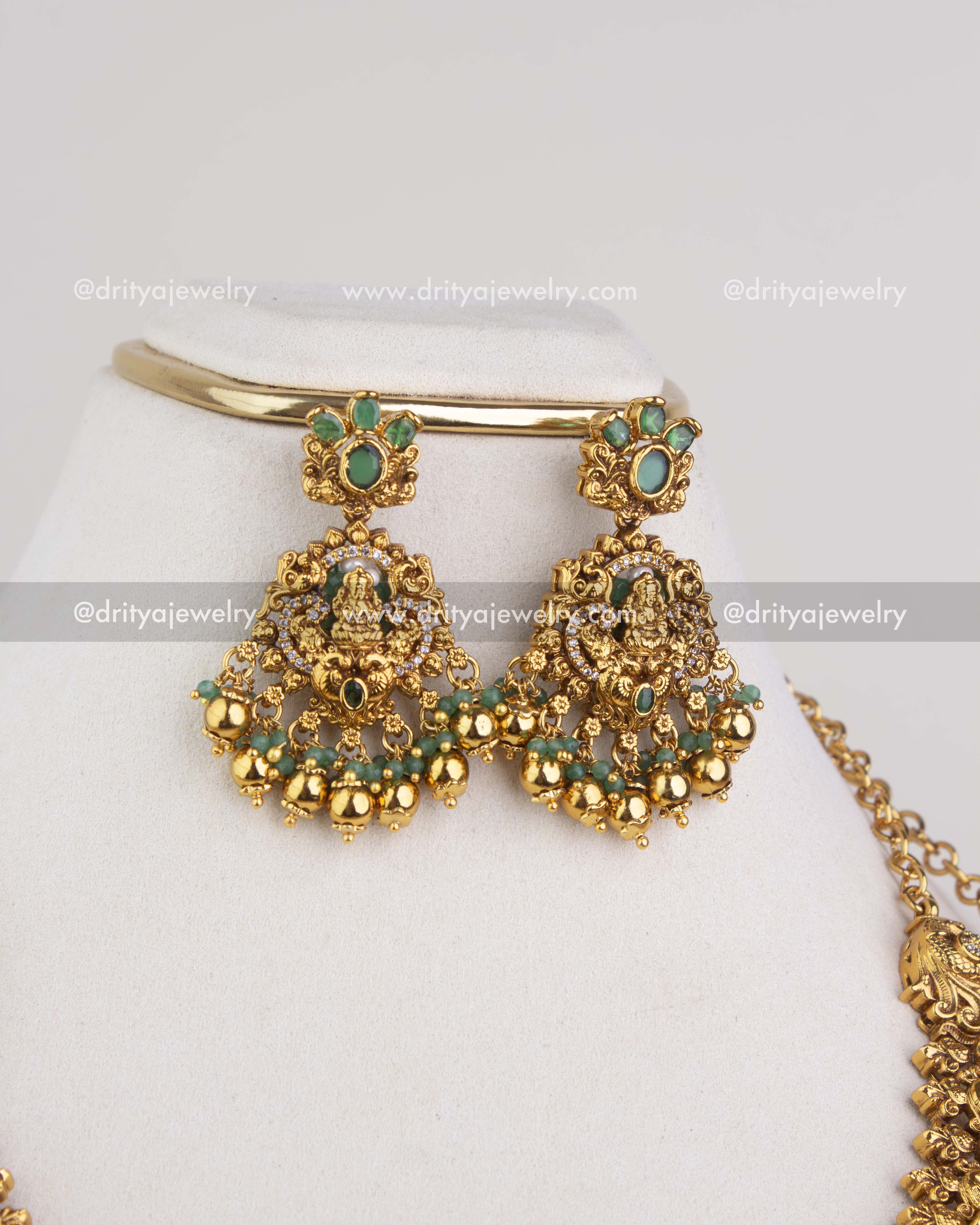 Lakshmi motif dangler earrings with green stones from bridal temple necklace set 1244-SET