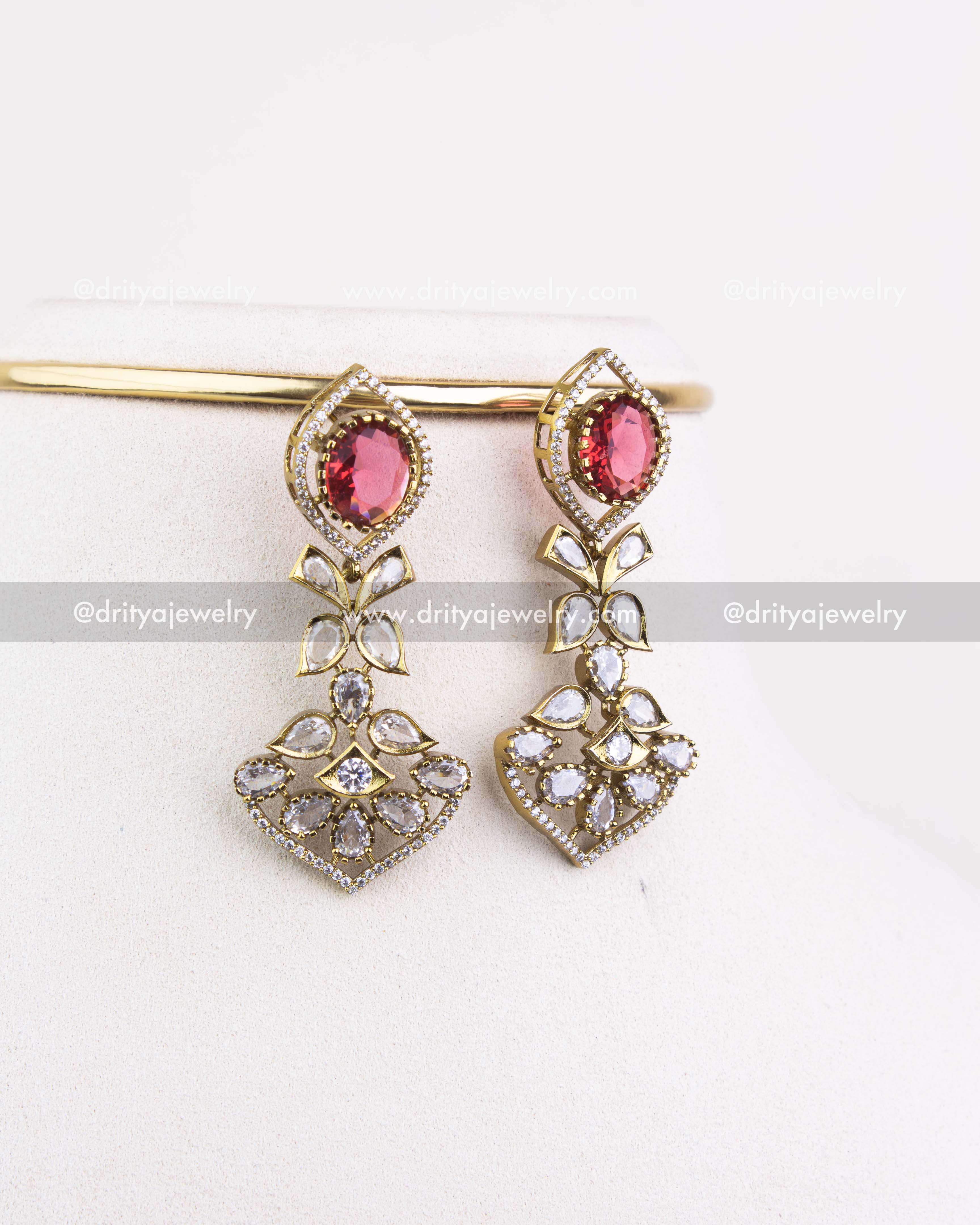 1236-R matching Victorian-style red stone dangler earrings close-up
