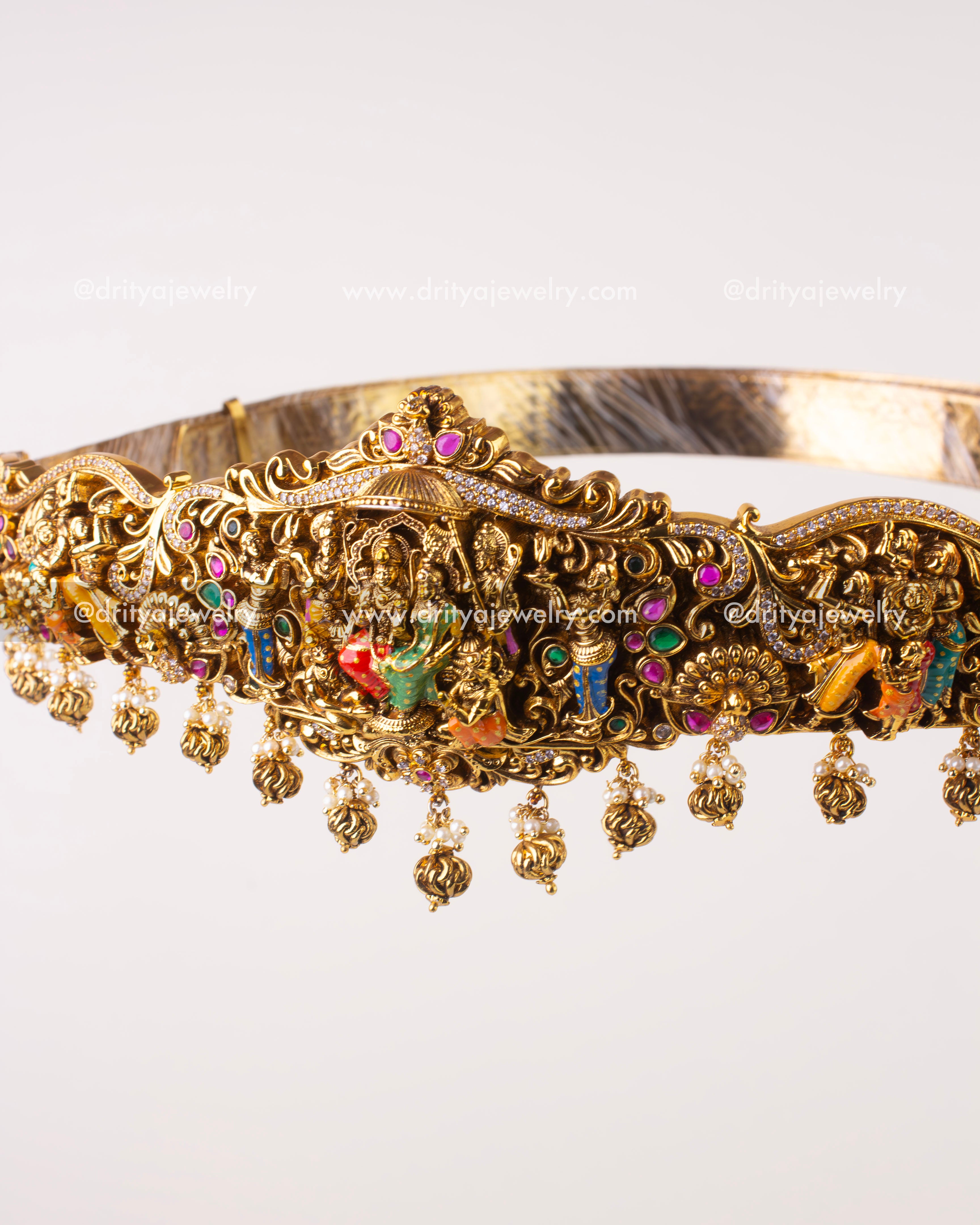 1206 - Angled view showing full Ram Parivar motif and hanging drops on waist belt