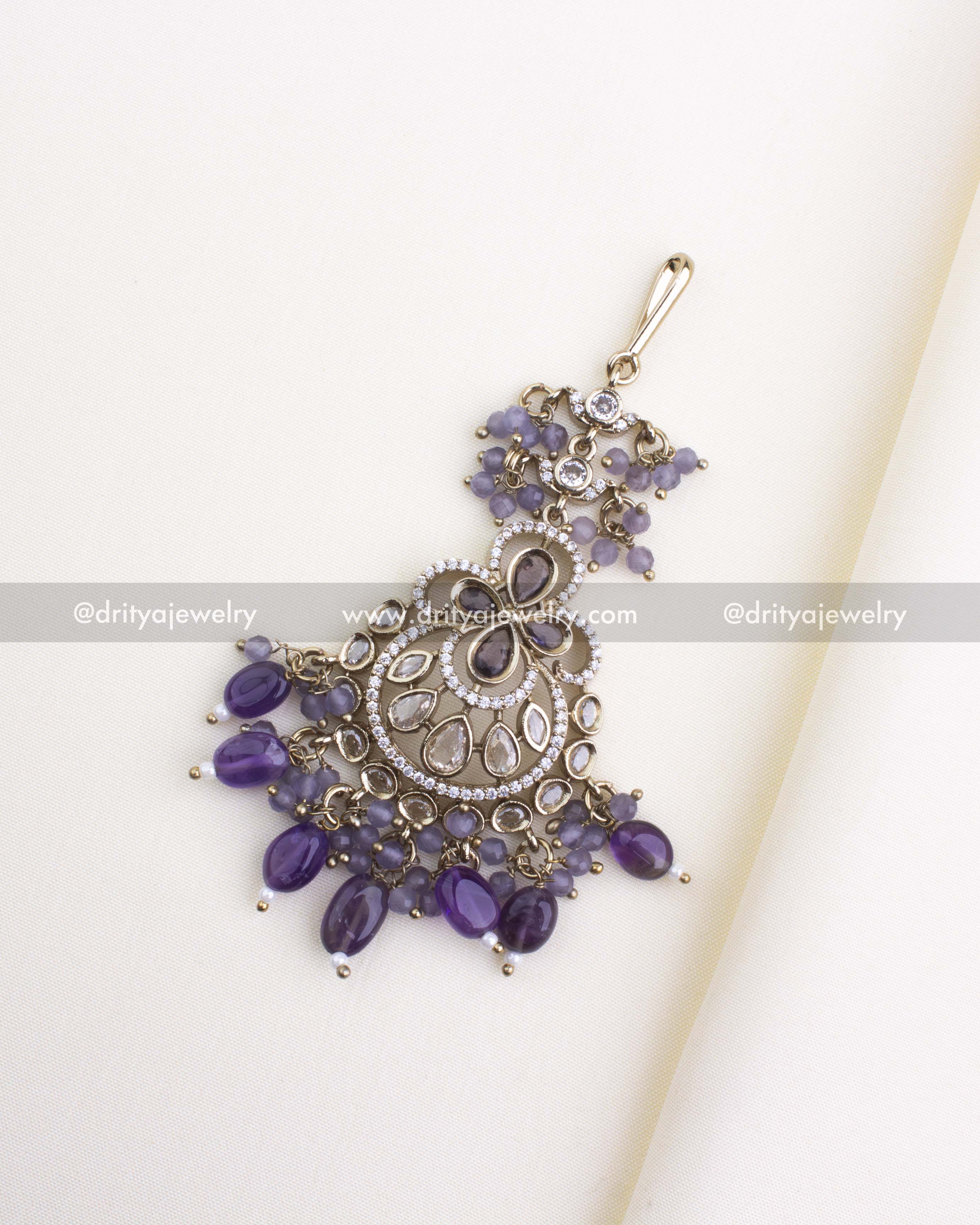 610-PU - Maang Tikka - Full front view of Victorian style tikka with dangling purple beads
