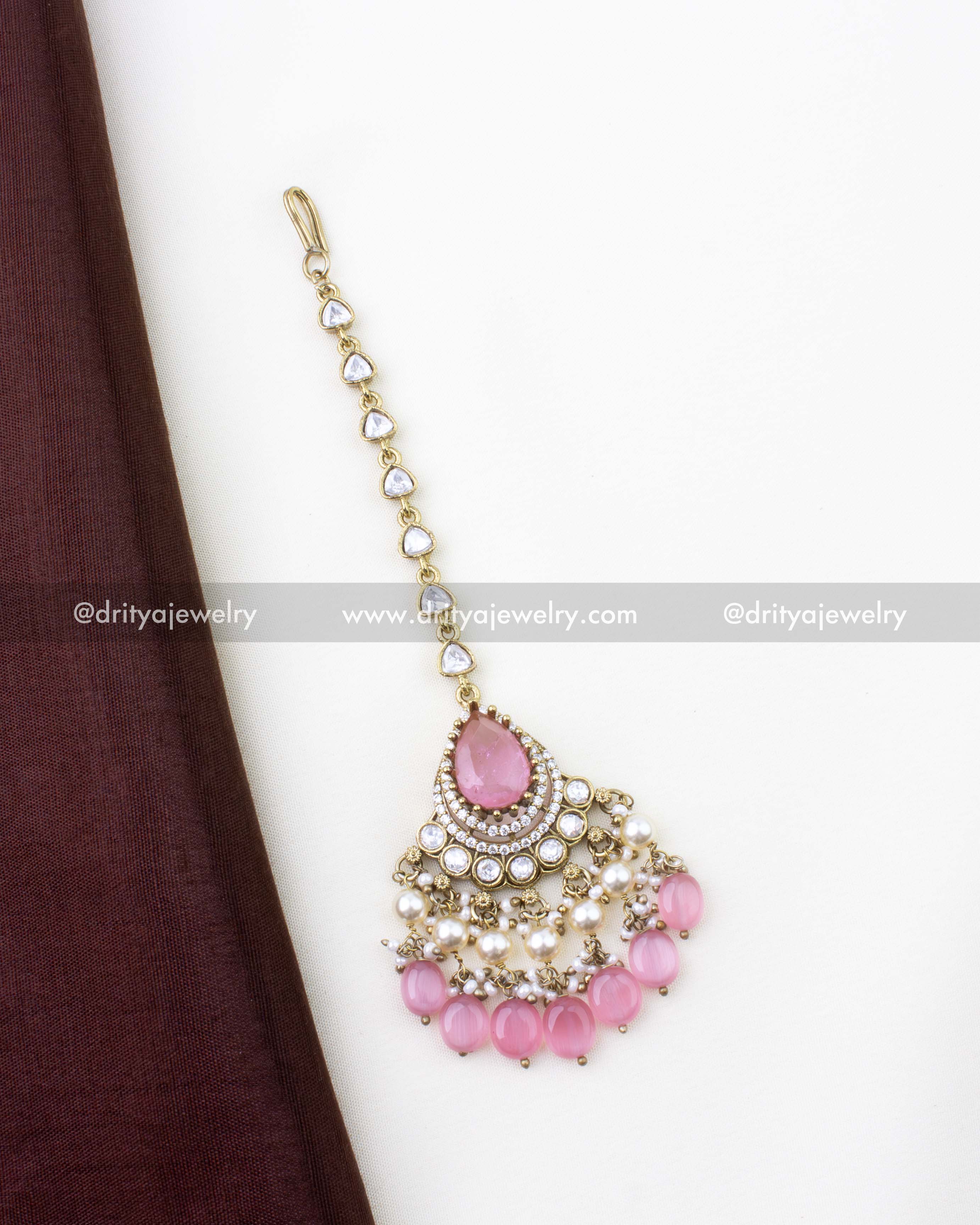 1285-BP full view of Victorian-style pink polki kundan maang tikka with chain and hook