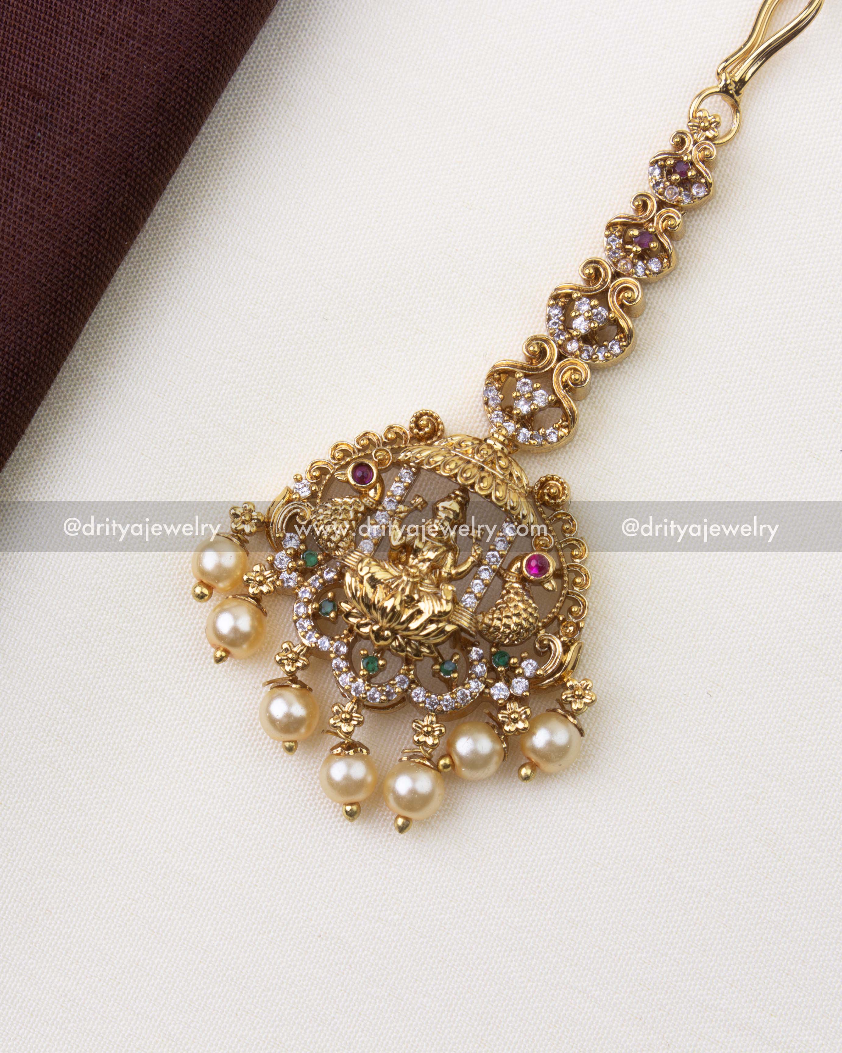 SKU 1217 temple god idol maang tikka close-up with pearl hangings