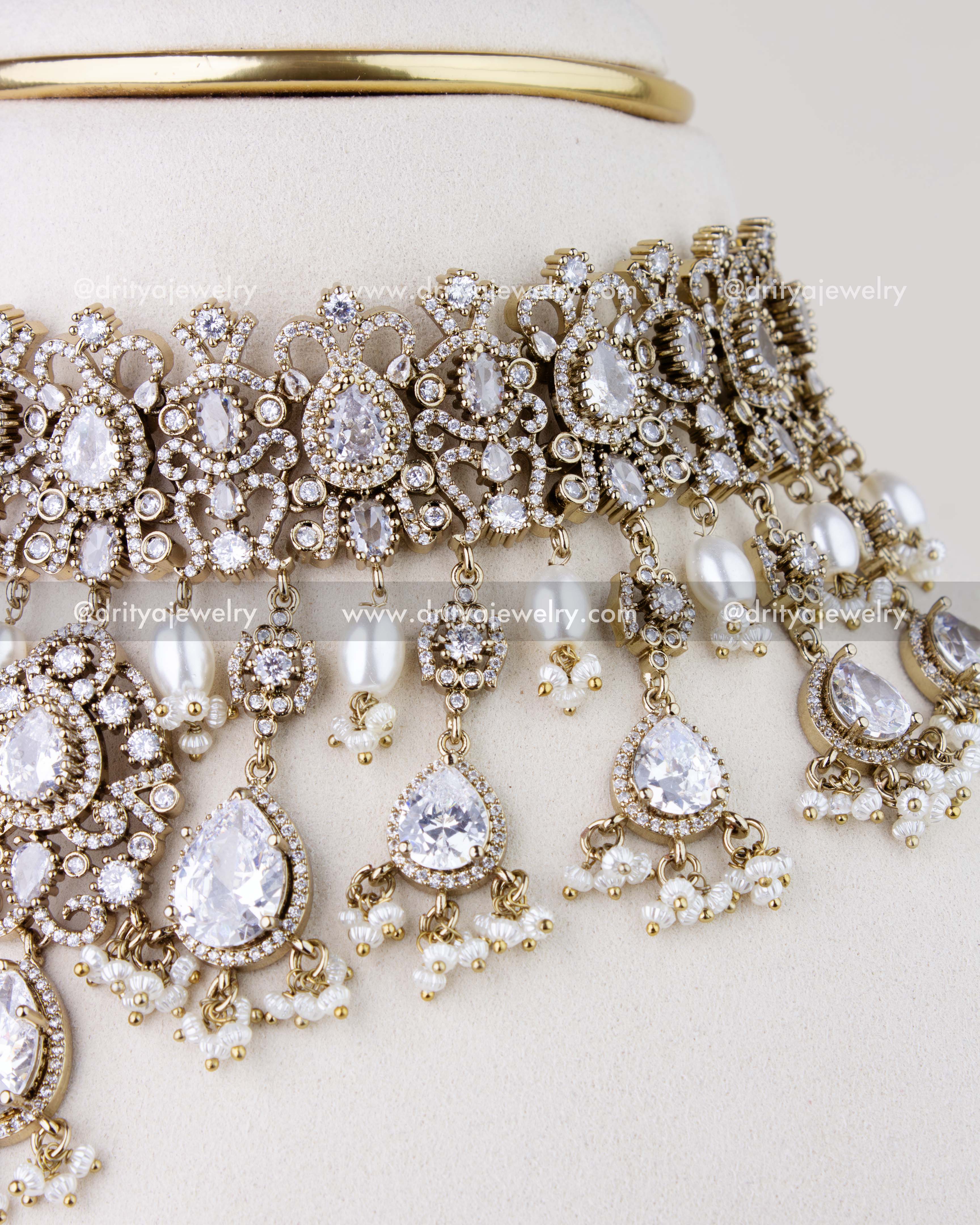 1023-W side close-up of Victorian choker with CZ stones and pearl drops