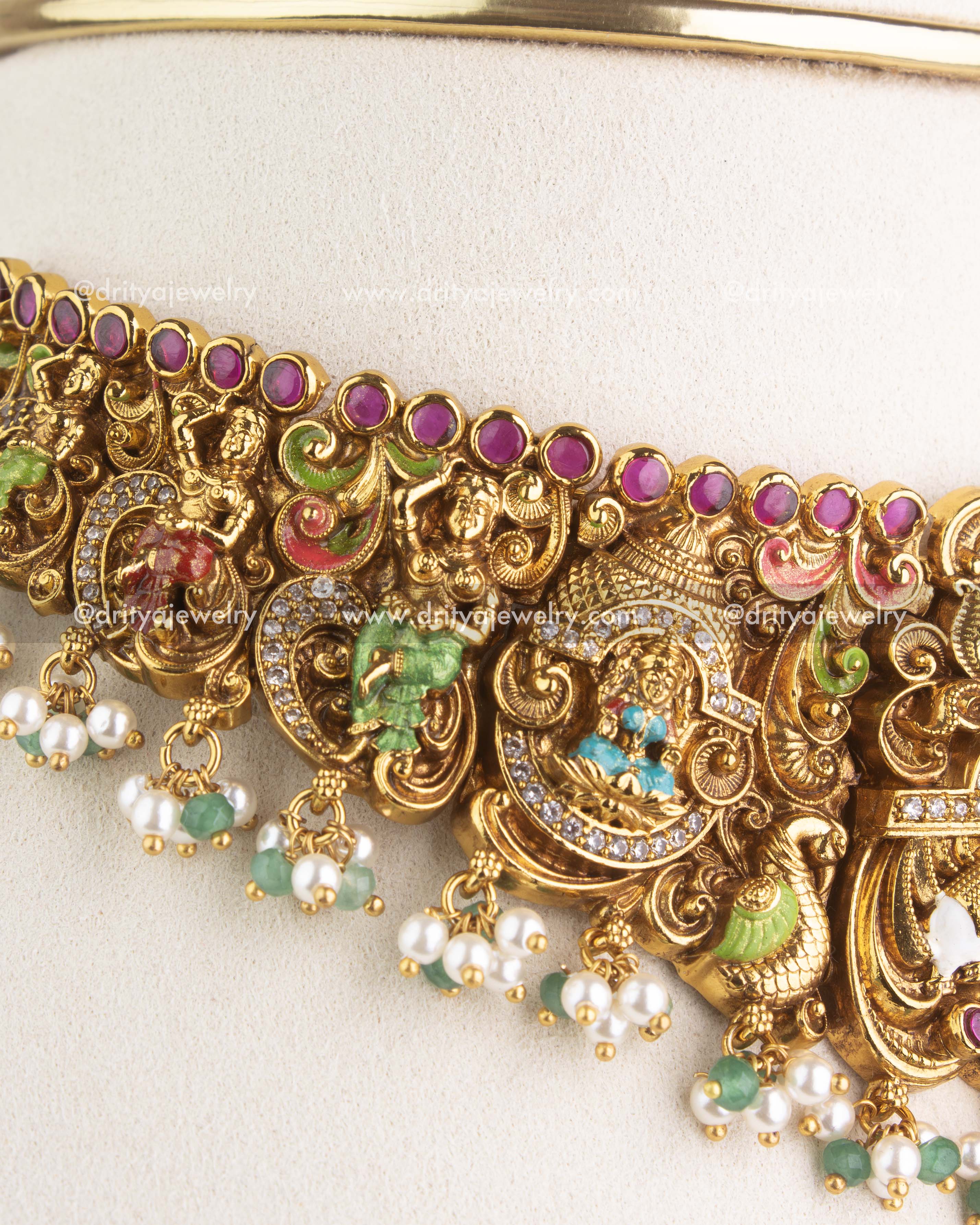 SKU 1181 Necklace Set detailed side view of choker with deity panels and bead drops