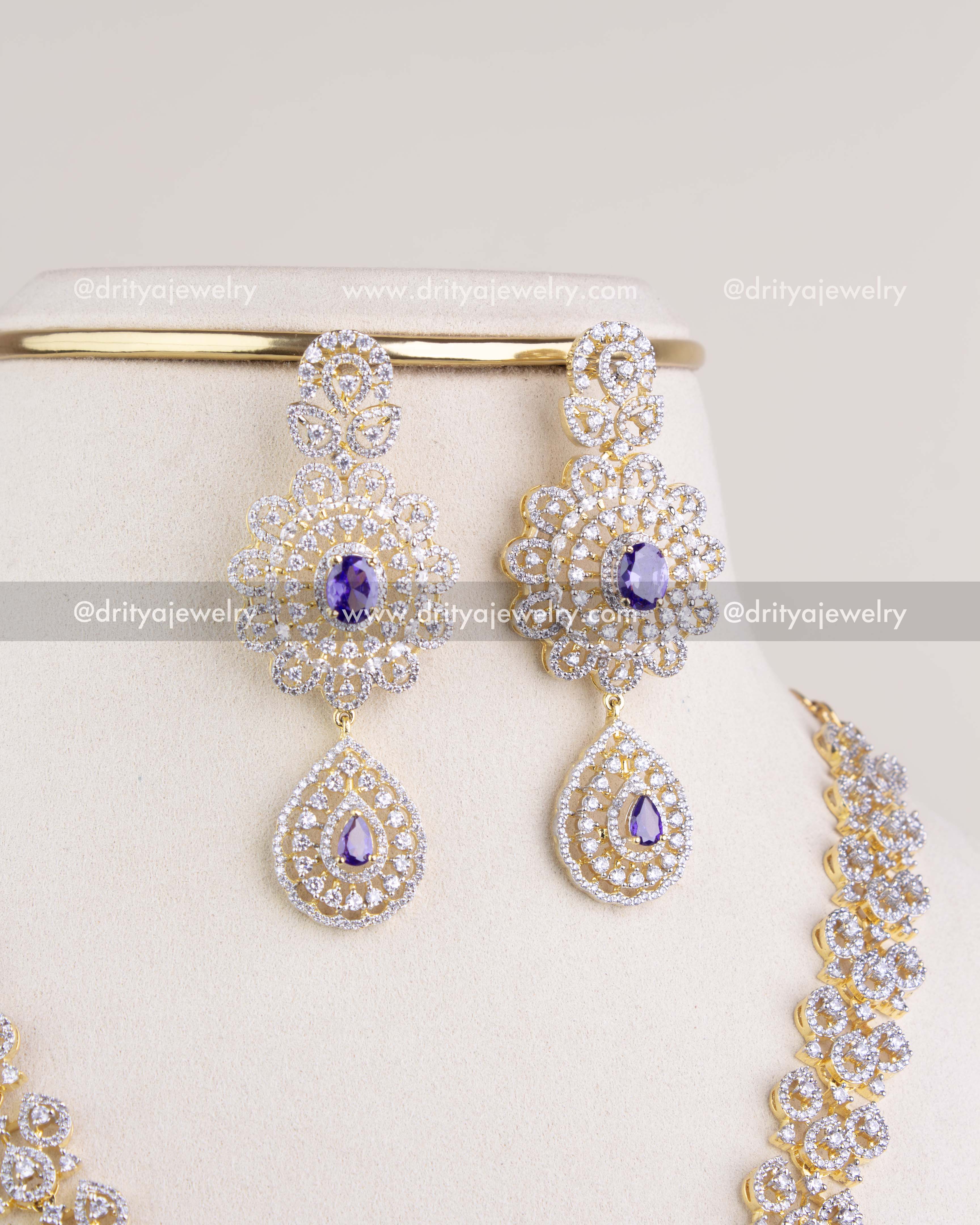 1229-PU Necklace Set close-up of earrings with CZ and coloured stones