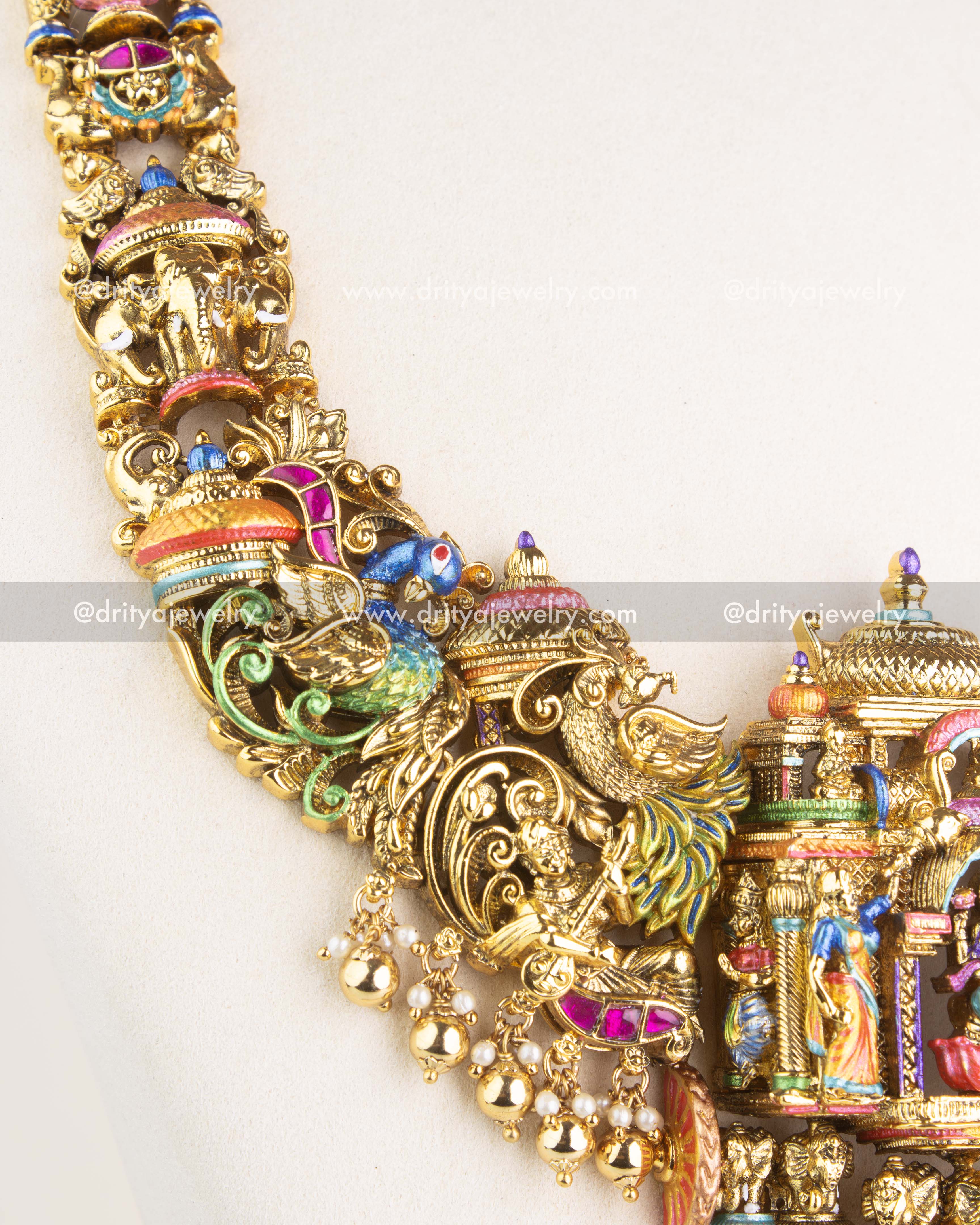SKU 1118 Necklace Set close-up of side links with peacock and temple motifs and bead drops