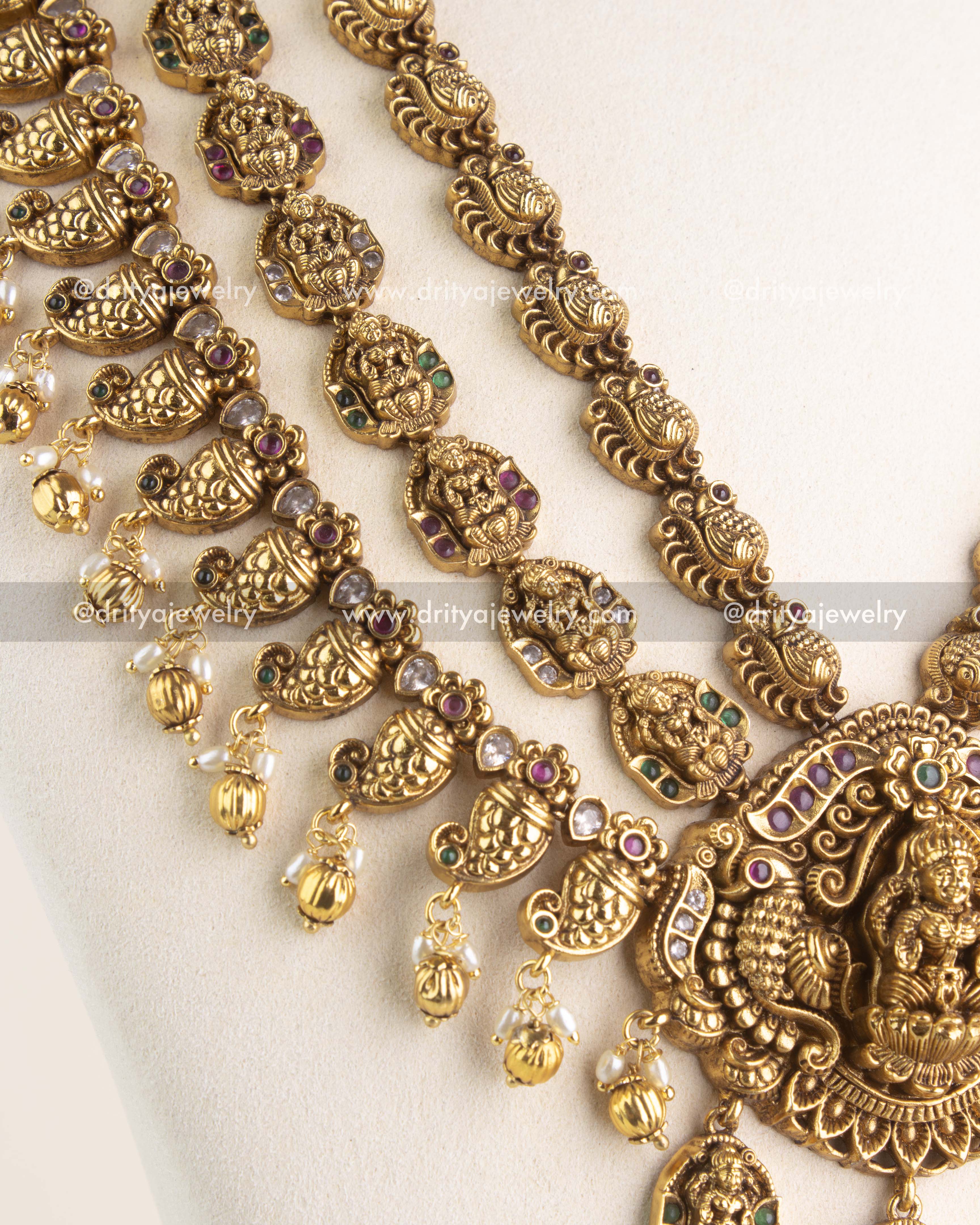 SKU 1162 Necklace Set side close-up of temple-style links and pearl-like bead drops