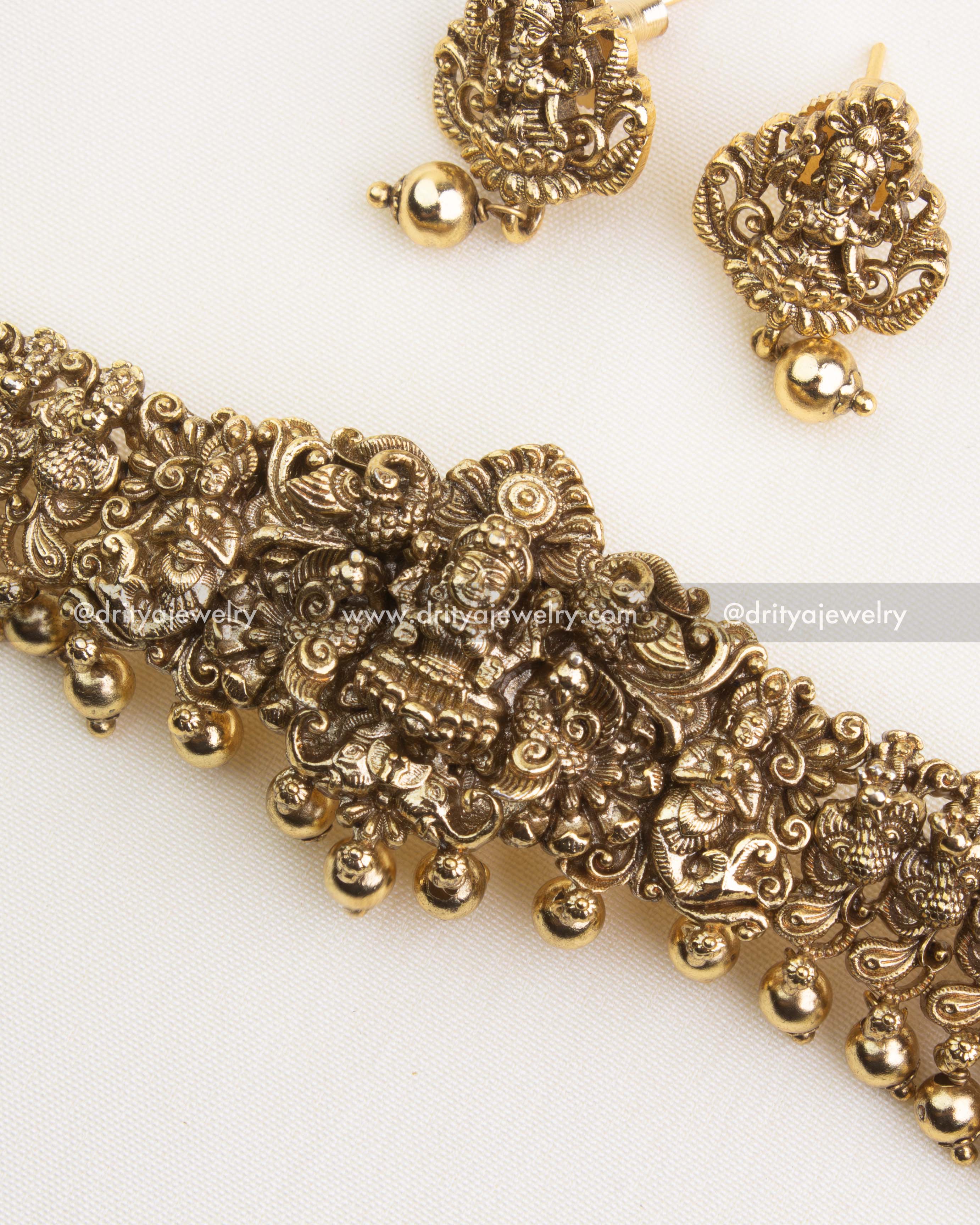 SKU 1139 - Necklace Set - Detailed angled view of antique nakshi choker with matching earrings